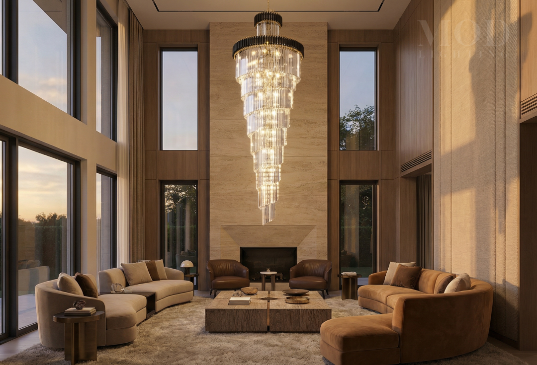 Double-height living room with a Onyx Chandelier