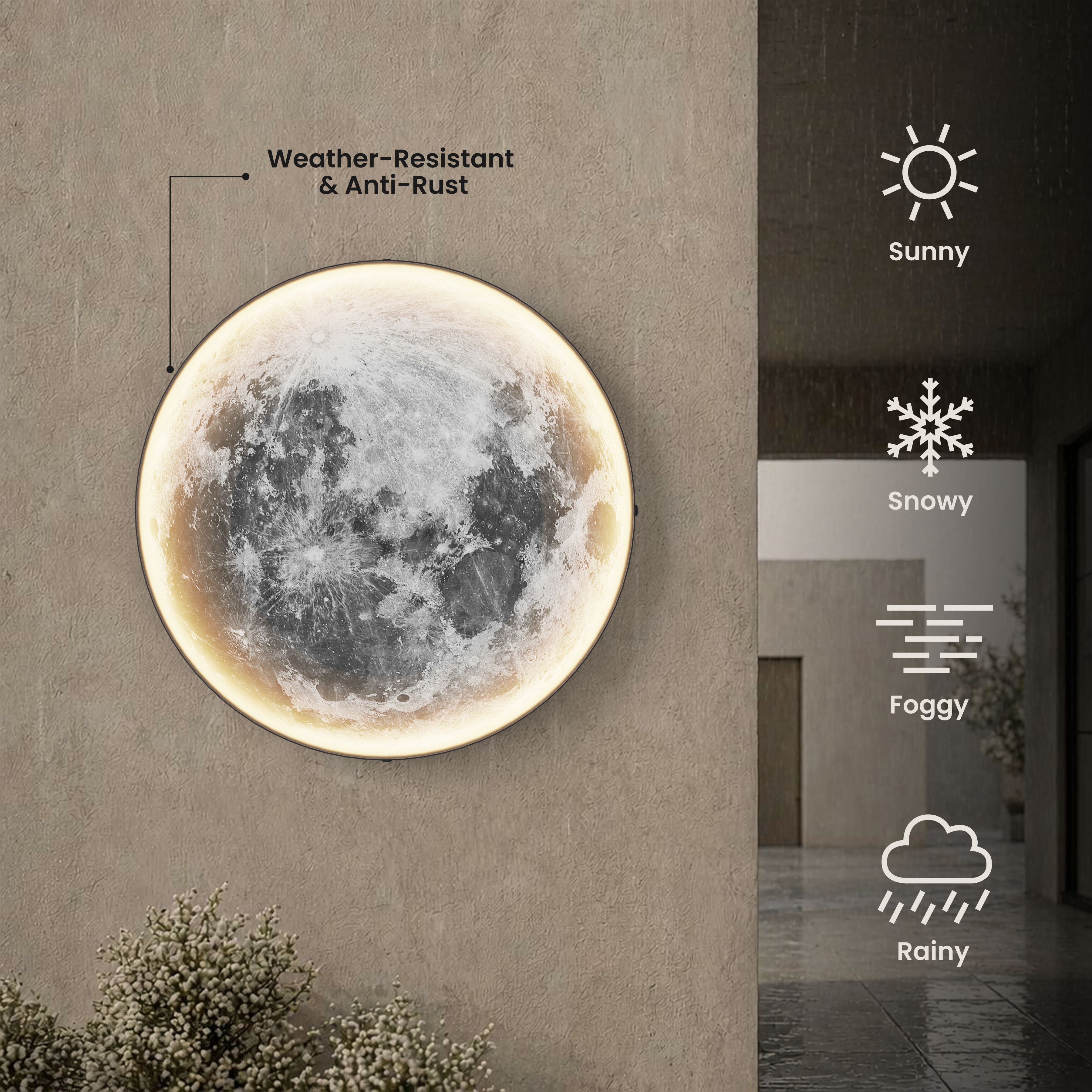 Luna Outdoor Smart moon wall light in the rain, marked weather-resistant and anti-rust for all seasons