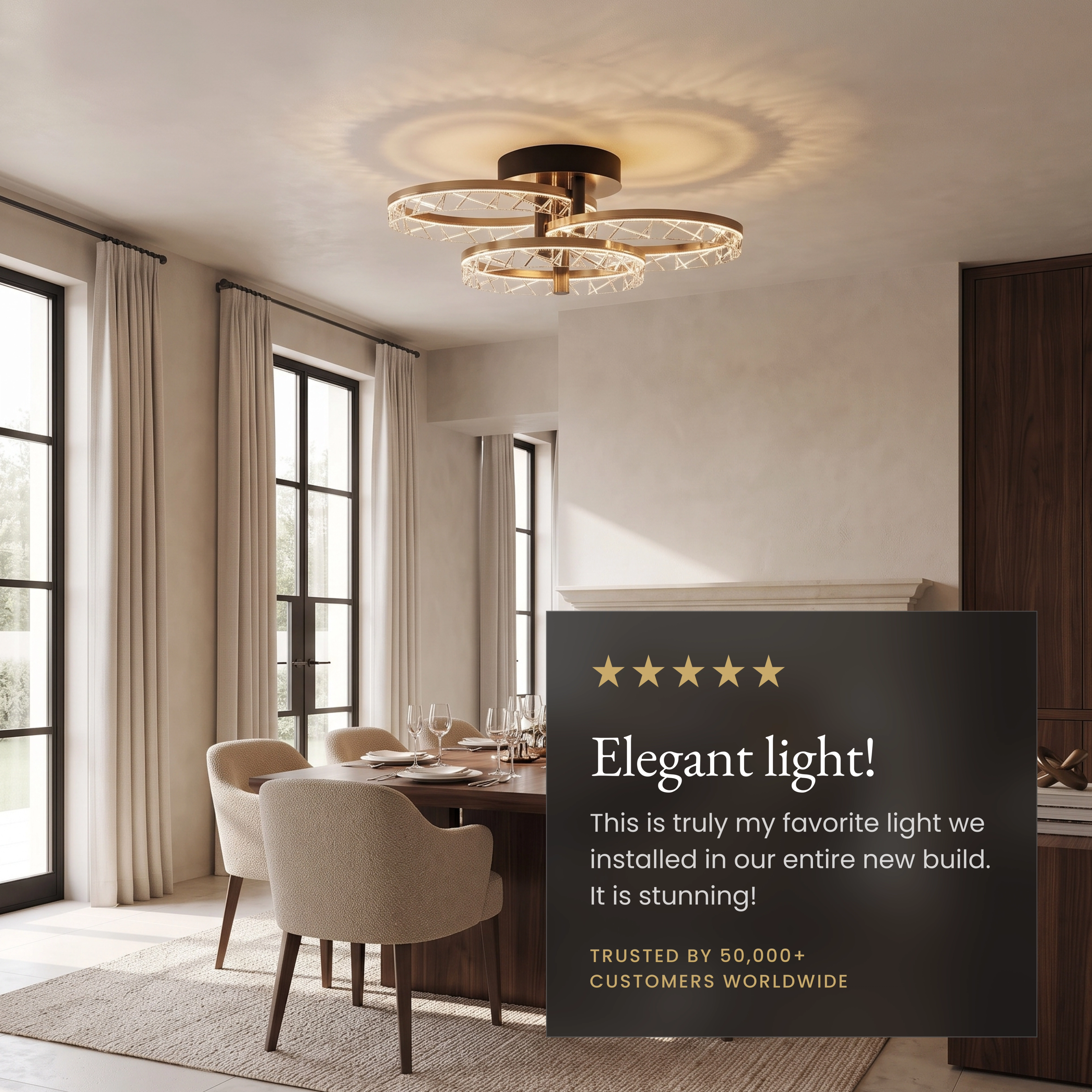 Clara gold two-ring crystal ceiling light over a sofa, labelled easy install, dimmable, premium aluminum