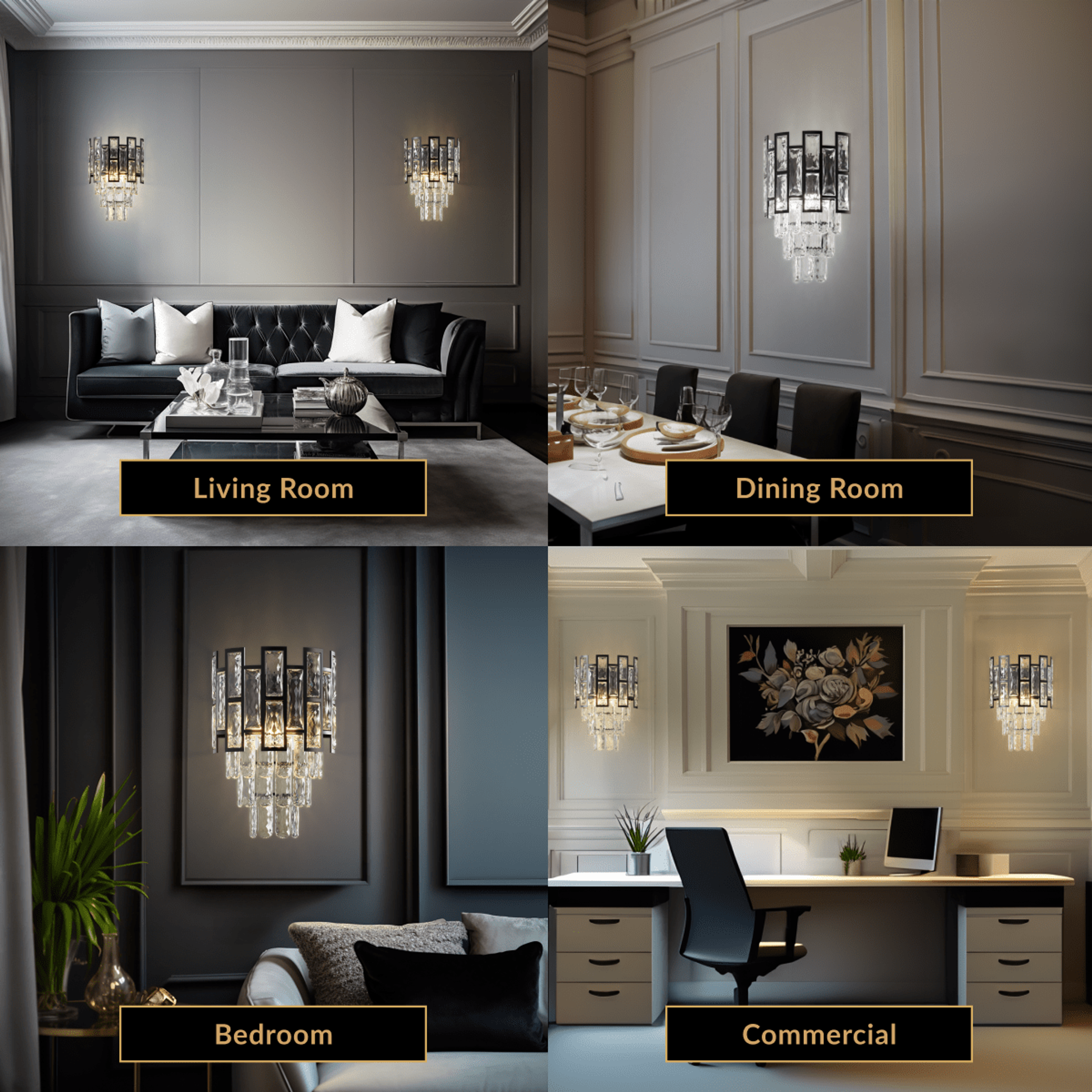 Raven black crystal sconce shown lit in four settings: living room, dining room, bedroom, commercial