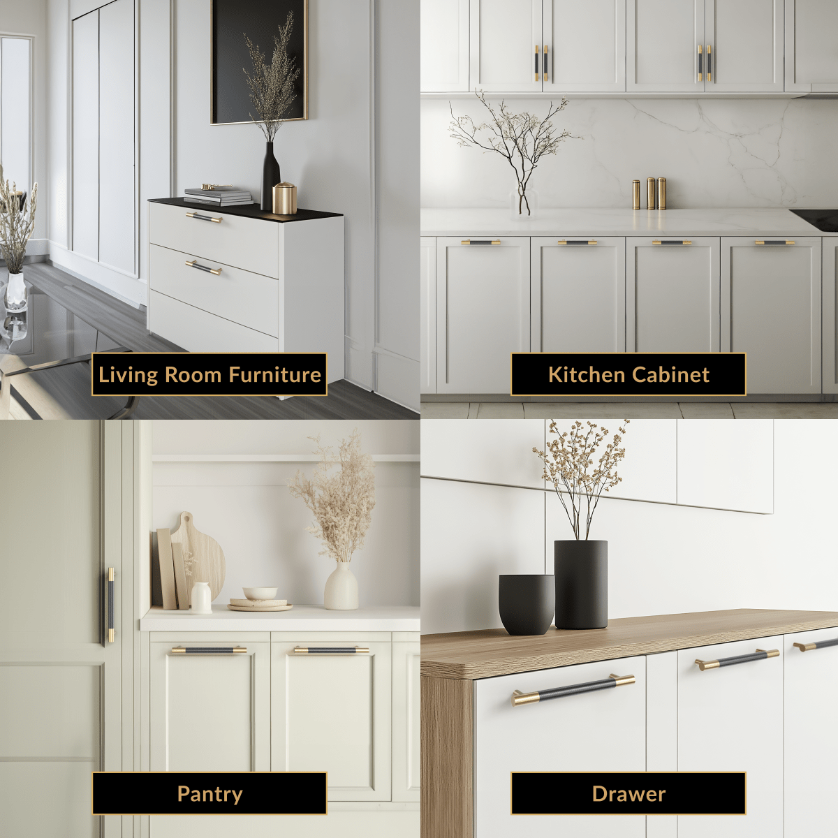 Wellington black-and-gold cabinet pull installed on white living room, kitchen, pantry and drawer cabinetry in four scenes