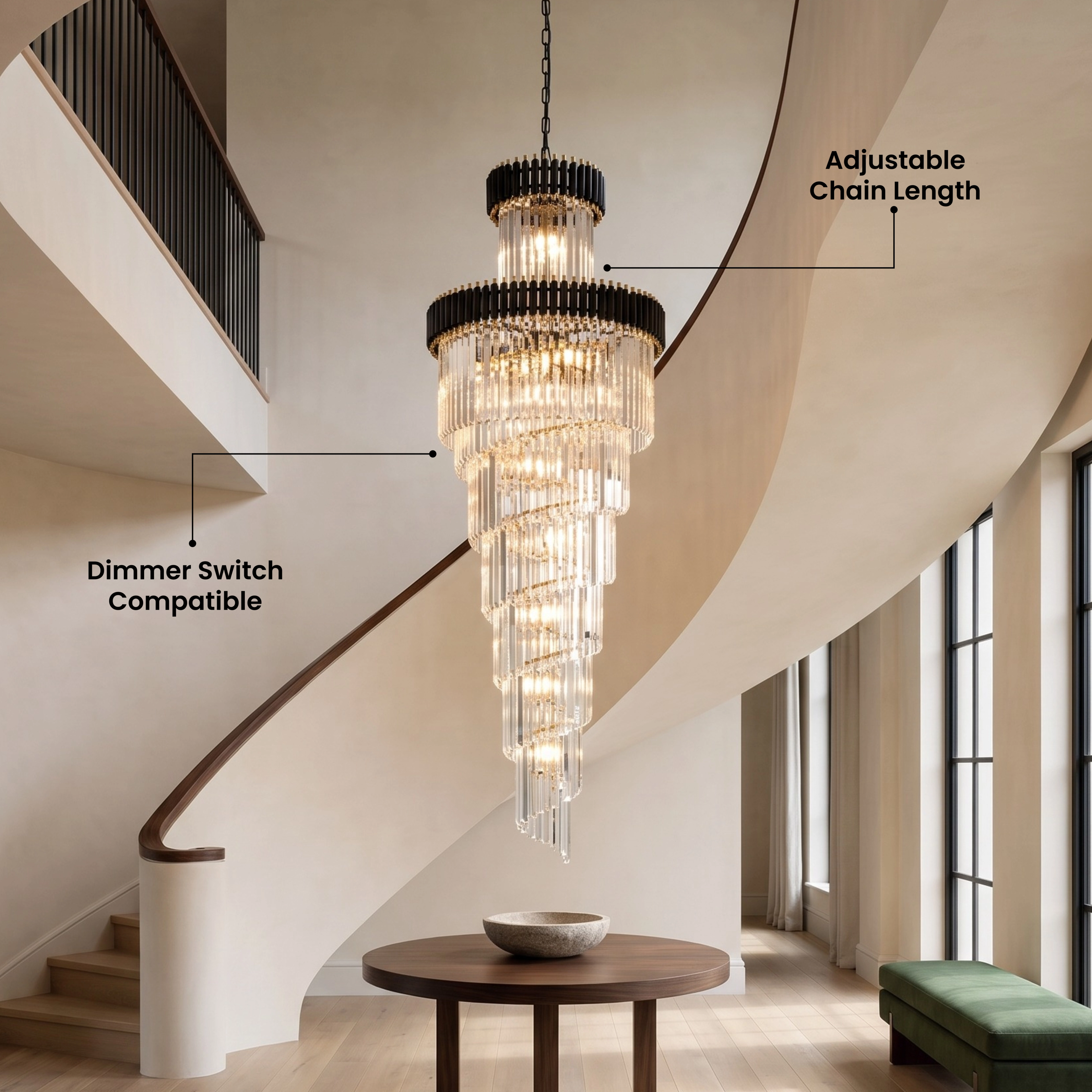 Onyx tall spiral crystal chandelier in a two-story living room, with a five-star customer review