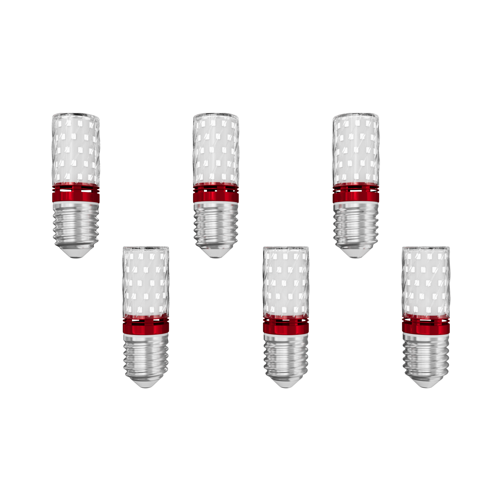 Set of six E26 LED bulbs with red bands and standard screw bases on white