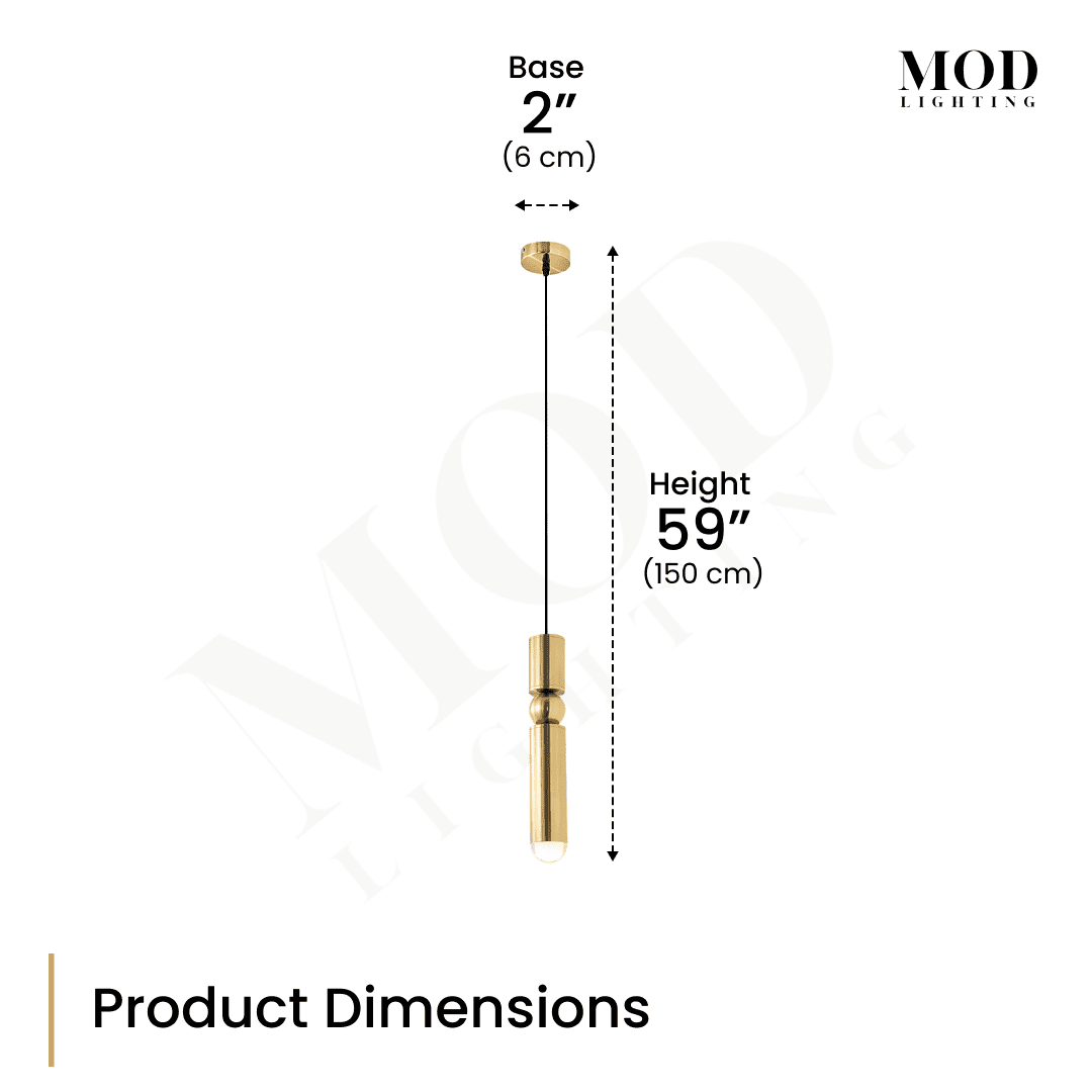 Jetta pendant dimension diagram: 2 in base, 59 in height, slim gold cylinder fixture on a cord