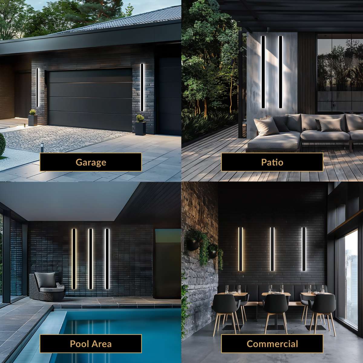 Haylen black linear LED wall lights glowing along garage, patio, pool and commercial exteriors at dusk