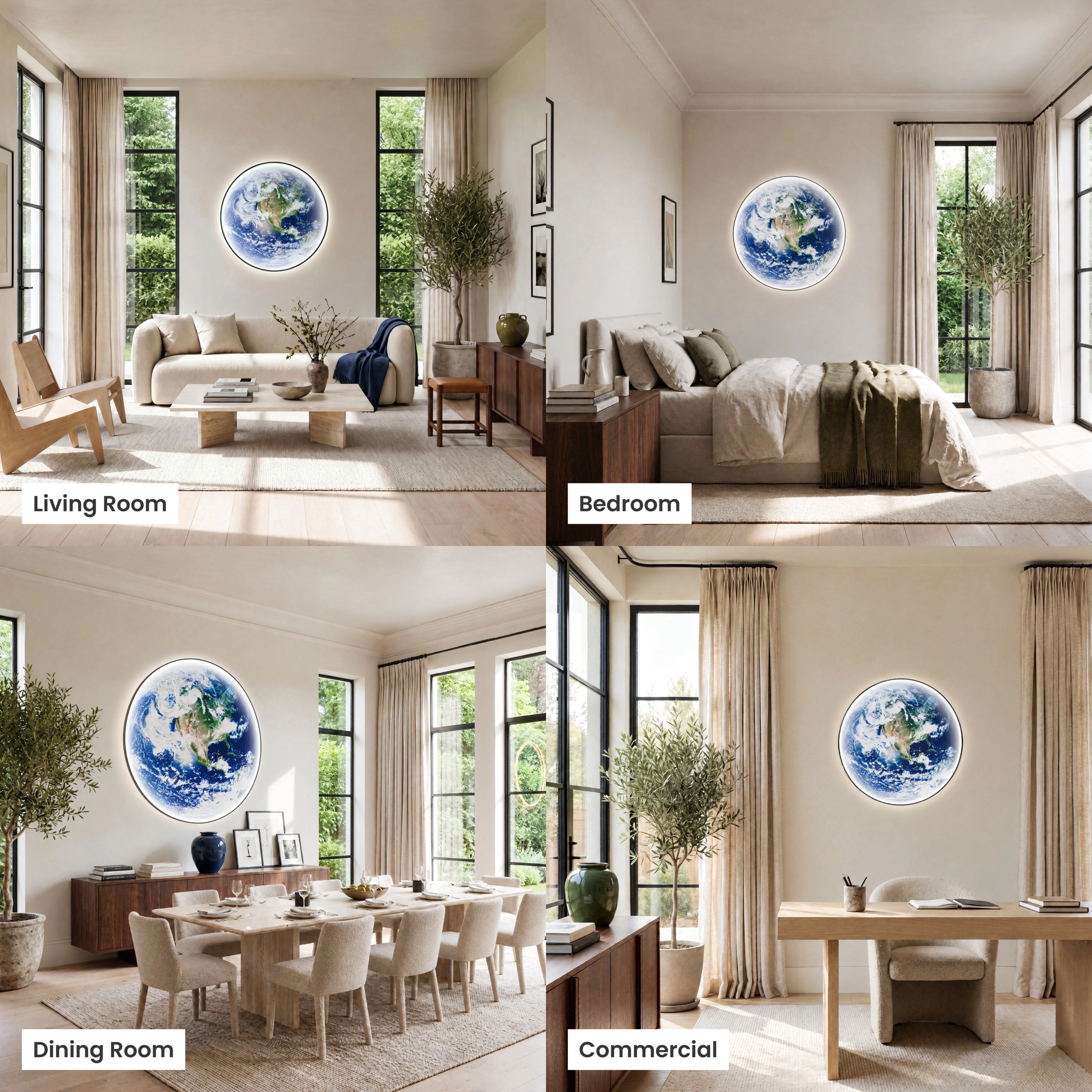 Terra Earth-globe wall lights shown in living room, children's room, bedroom and hallway settings