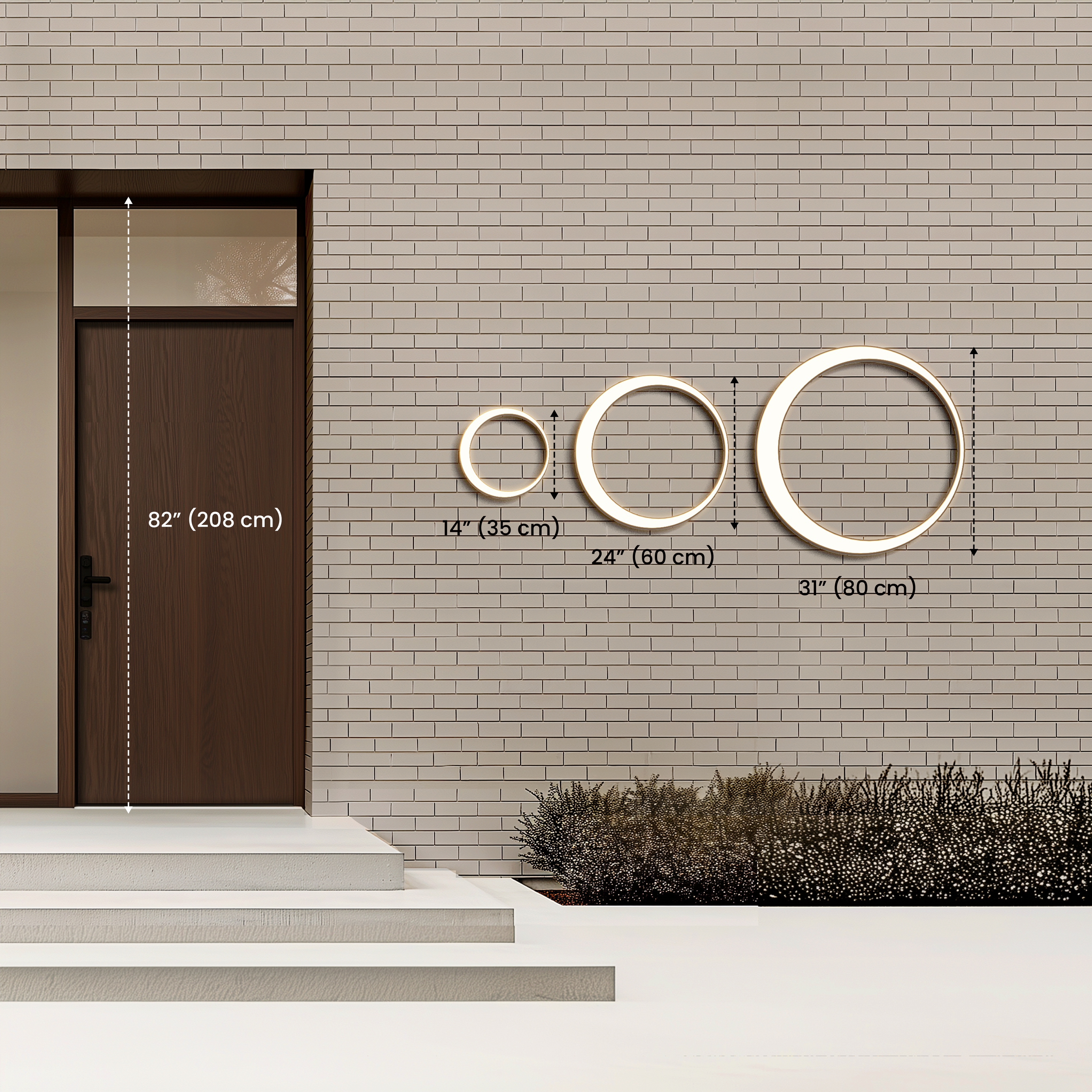 Gleam Smart size guide: 14, 24 and 31 inch rings beside an 82 inch door for scale