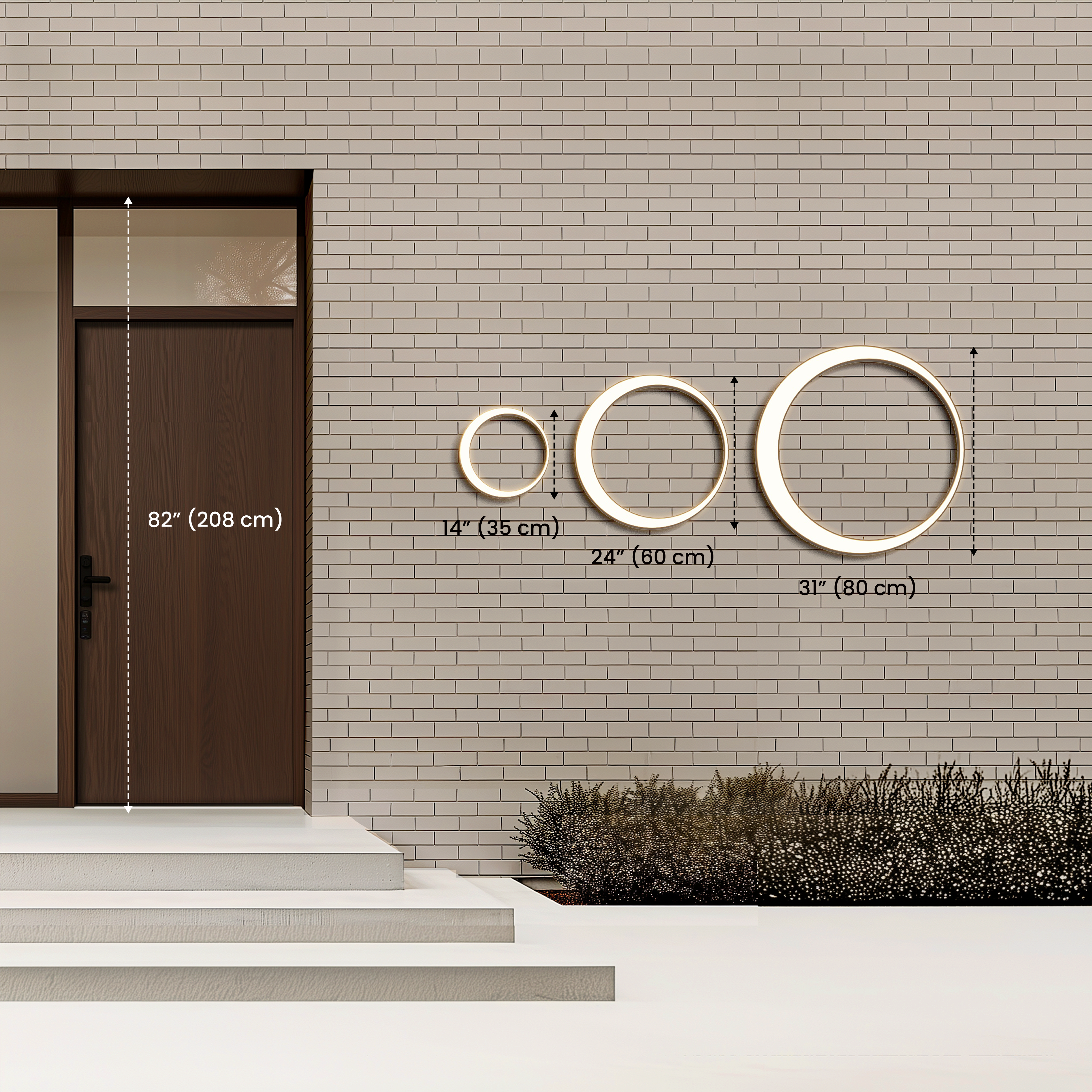 Gleam Smart size guide: 14, 24 and 31 inch rings beside an 82 inch door for scale