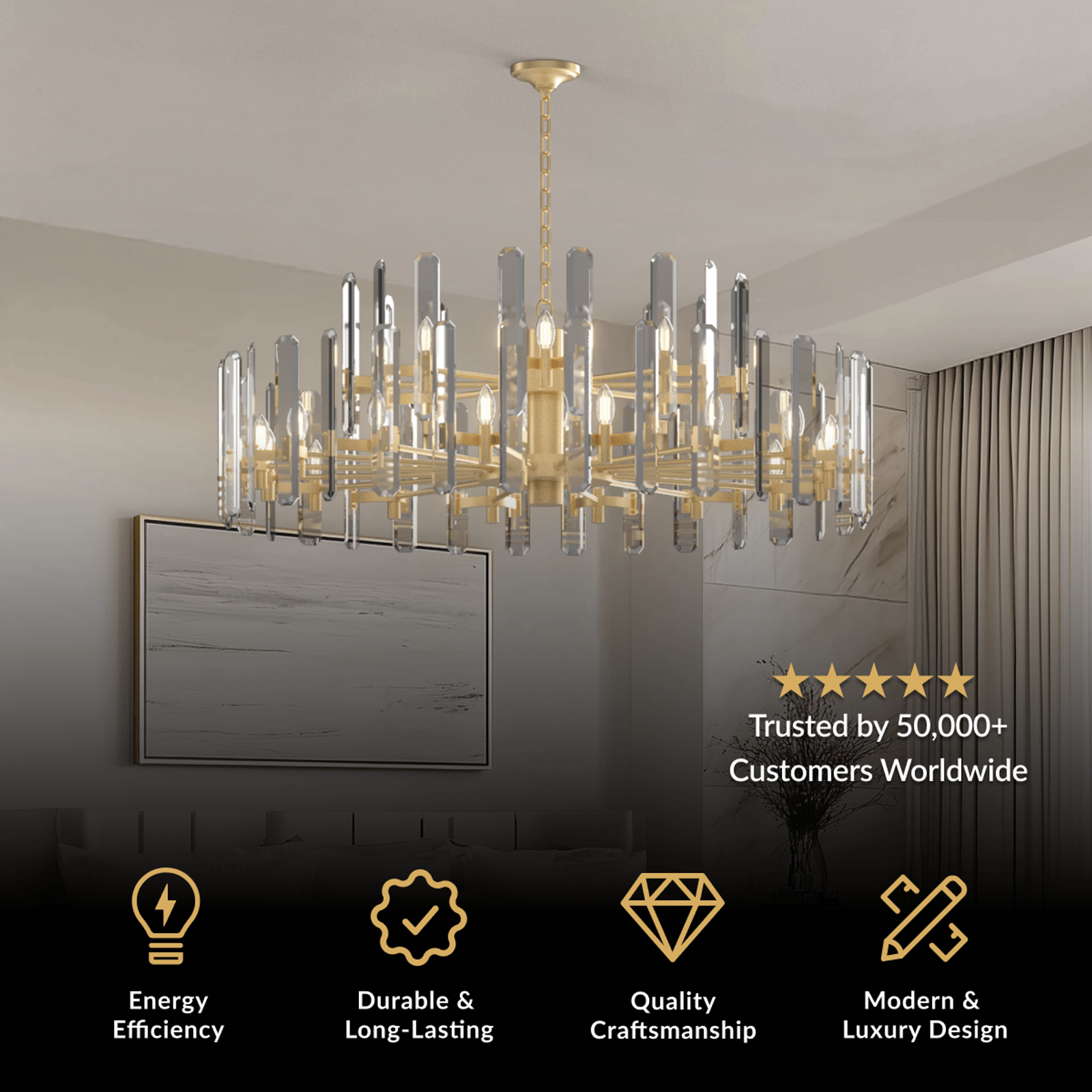 Prism crystal chandelier, brass drum frame set with faceted crystal bars, over a living room