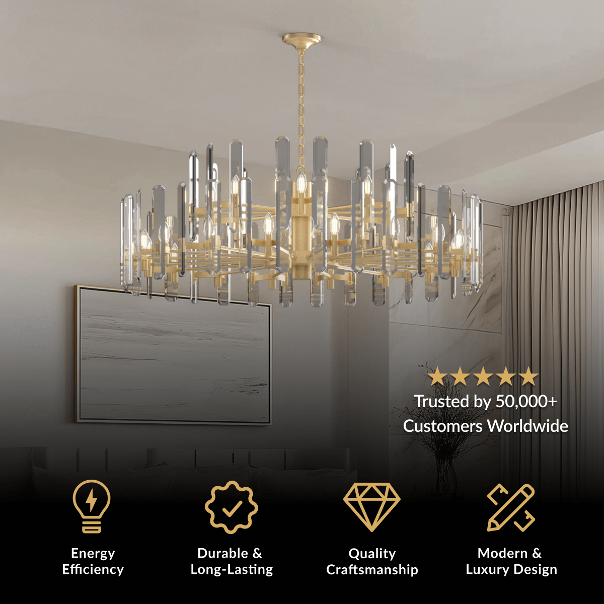 Prism crystal chandelier, brass drum frame set with faceted crystal bars, over a living room