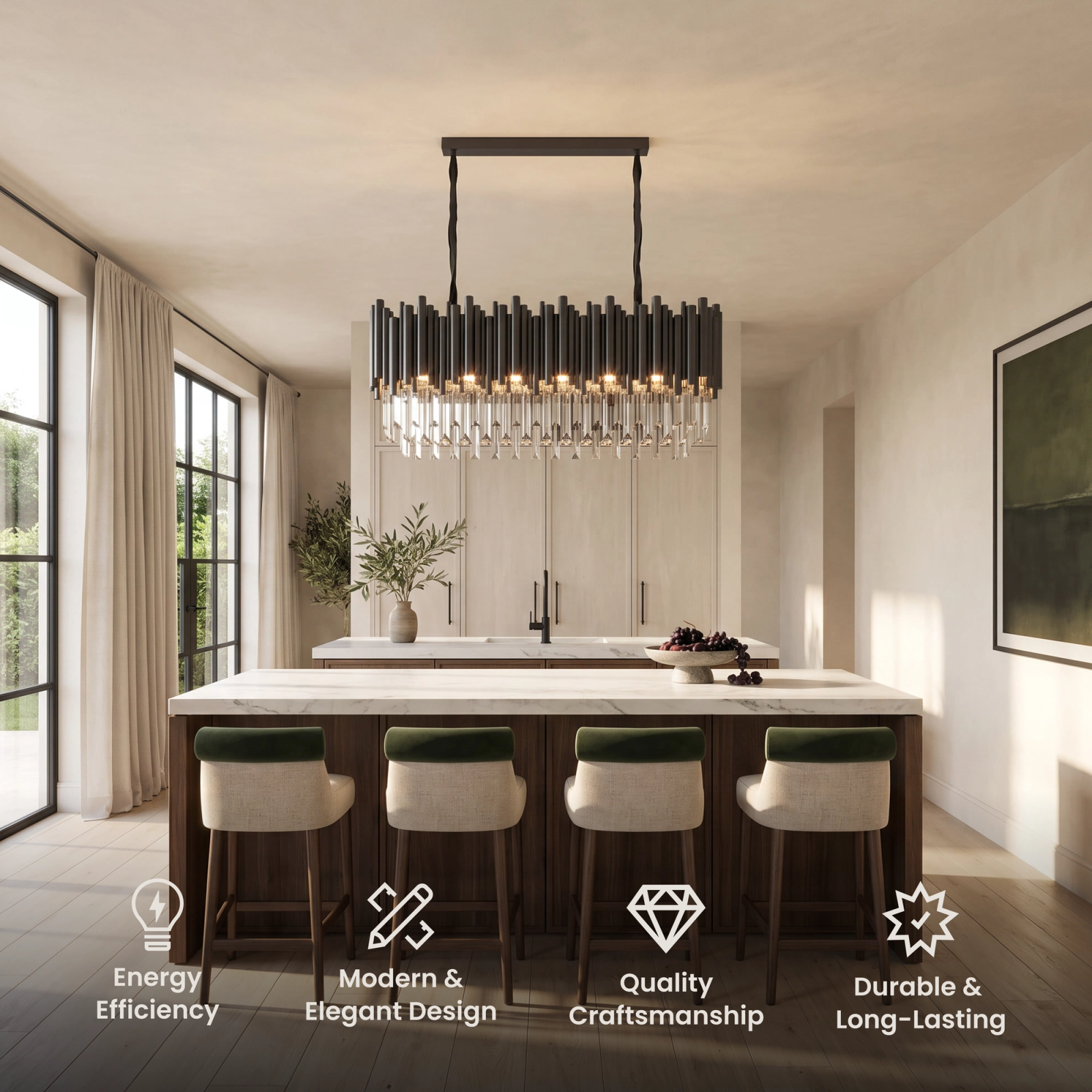 Obsidian linear pendant, black rectangular frame with clustered crystals, over a kitchen island