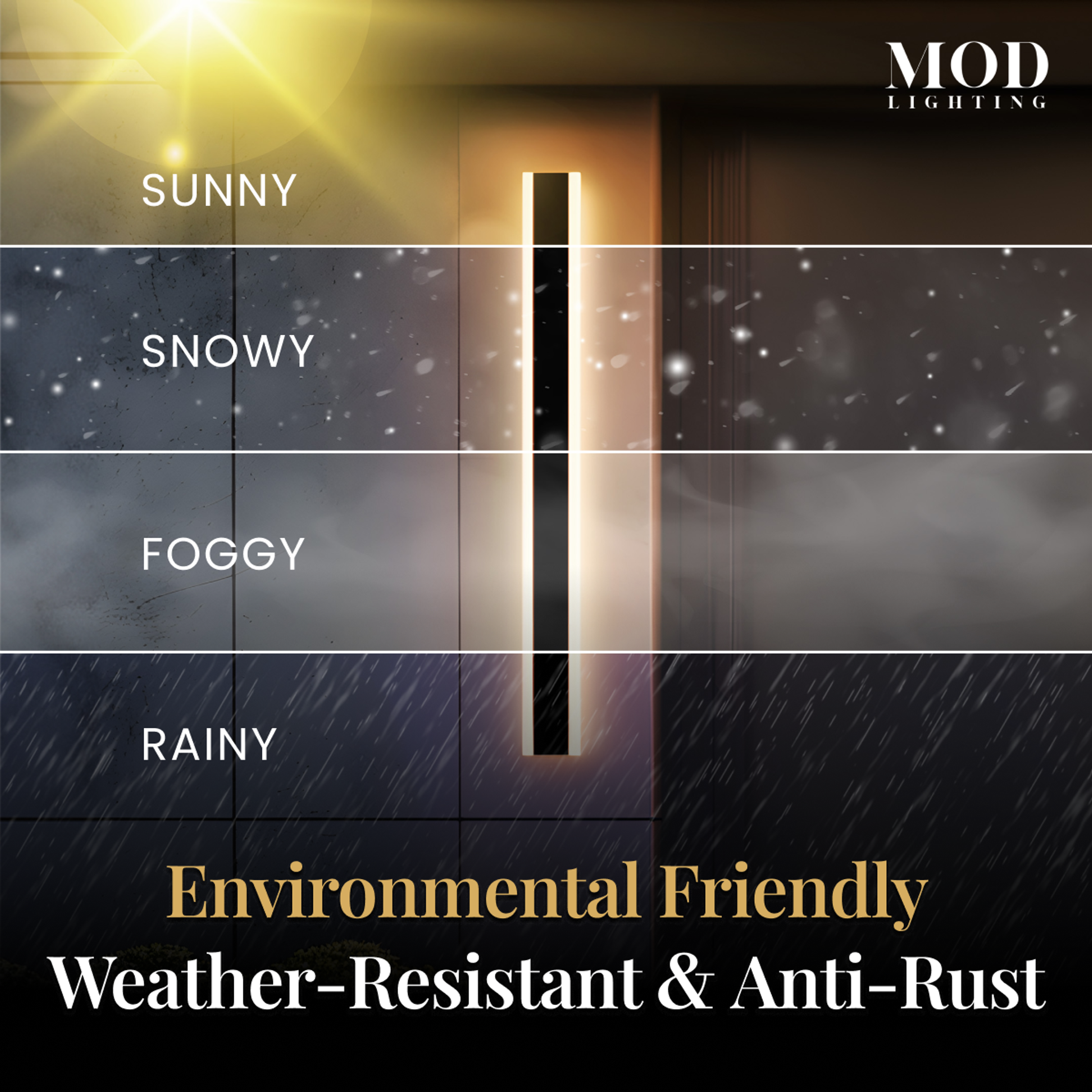 Haylen black LED bar wall light shown glowing across sunny, snowy, foggy and rainy weather conditions