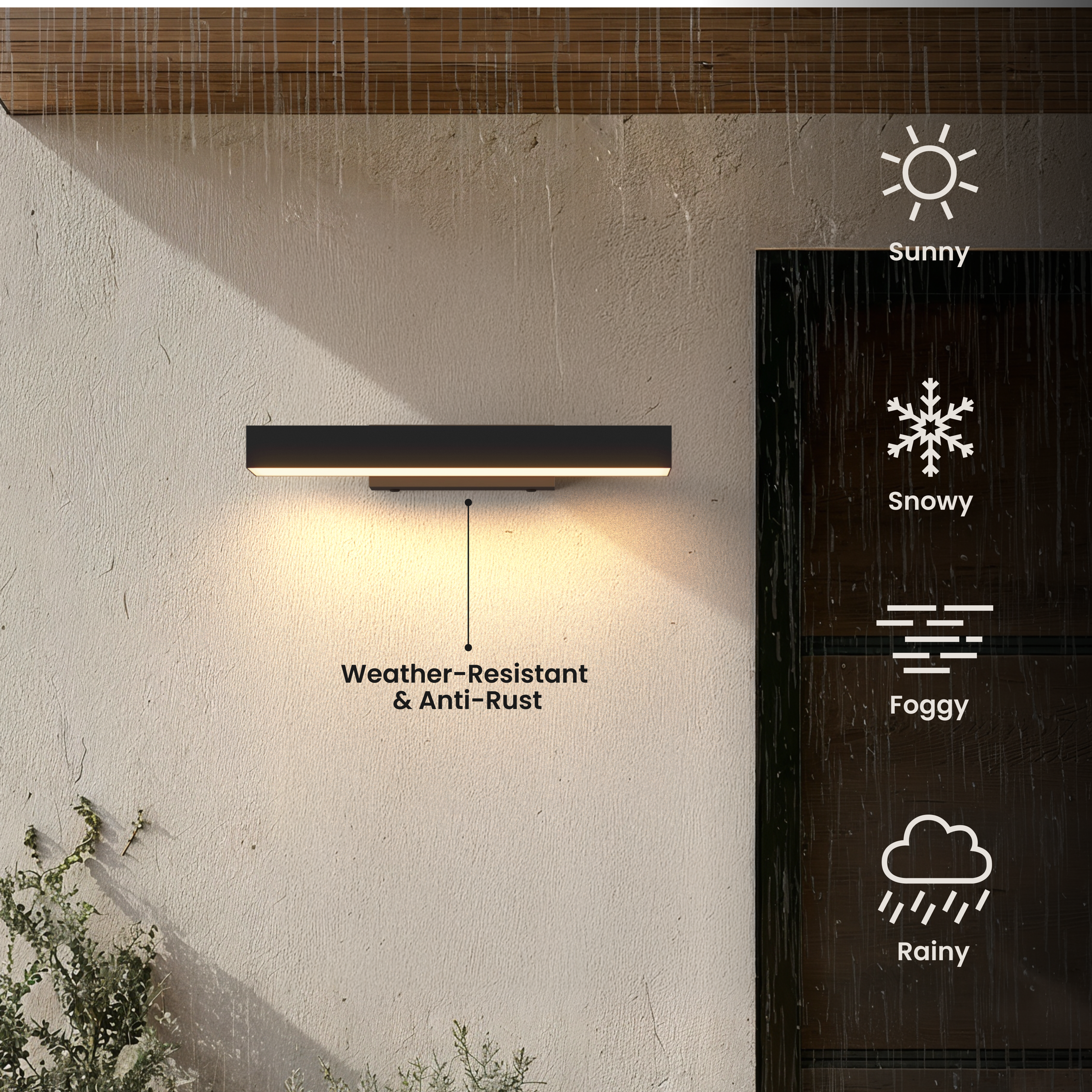 Brook Smart black horizontal outdoor sconce in the rain, marked weather-resistant and anti-rust for all seasons
