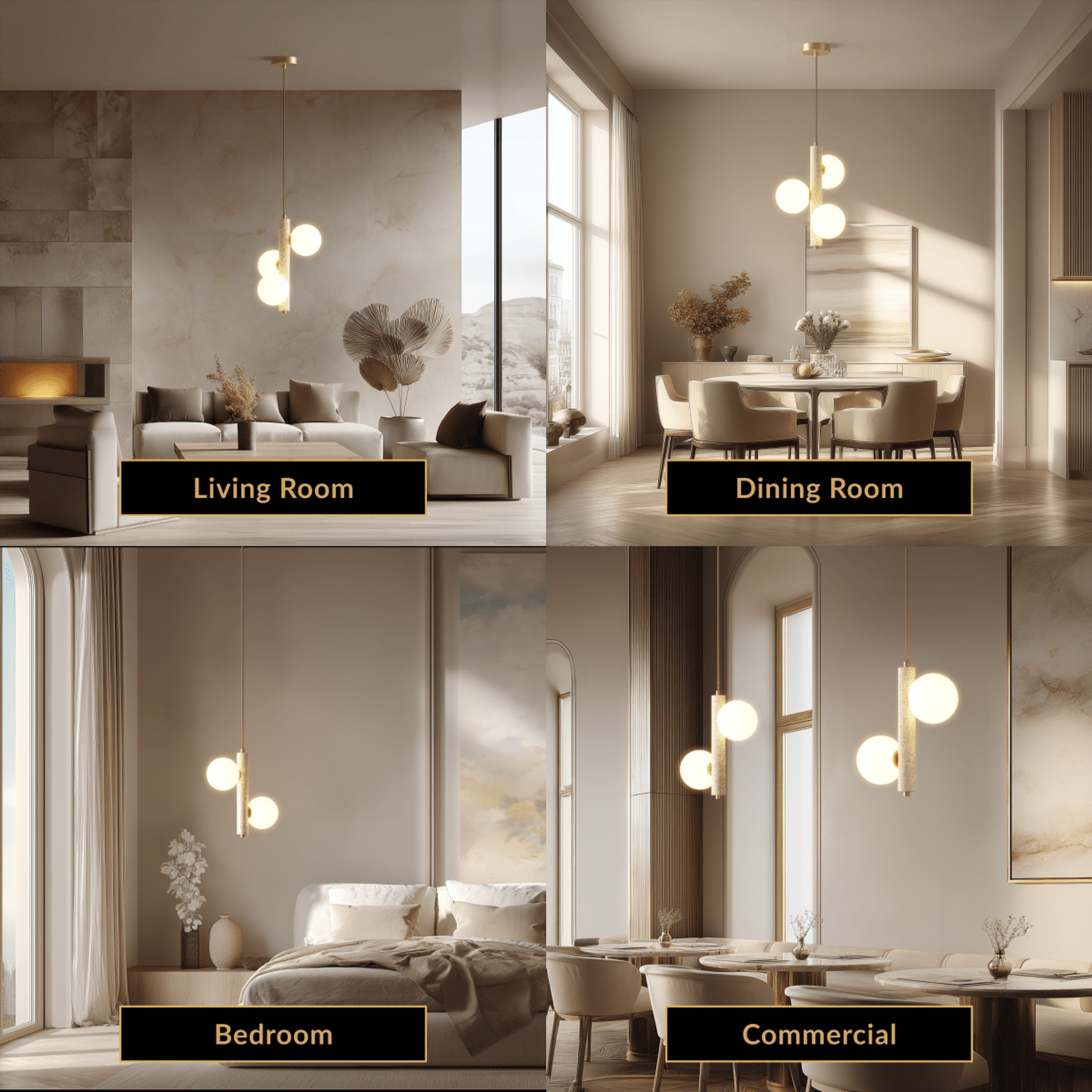 Arabella Pendant travertine stone light, brass rod with opal-glass orbs, staged in living, dining, bedroom and commercial