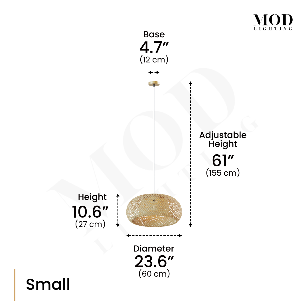 Amara bamboo dome pendant dimensions, Small: 10.6in height, 23.6in diameter, 61in adjustable drop