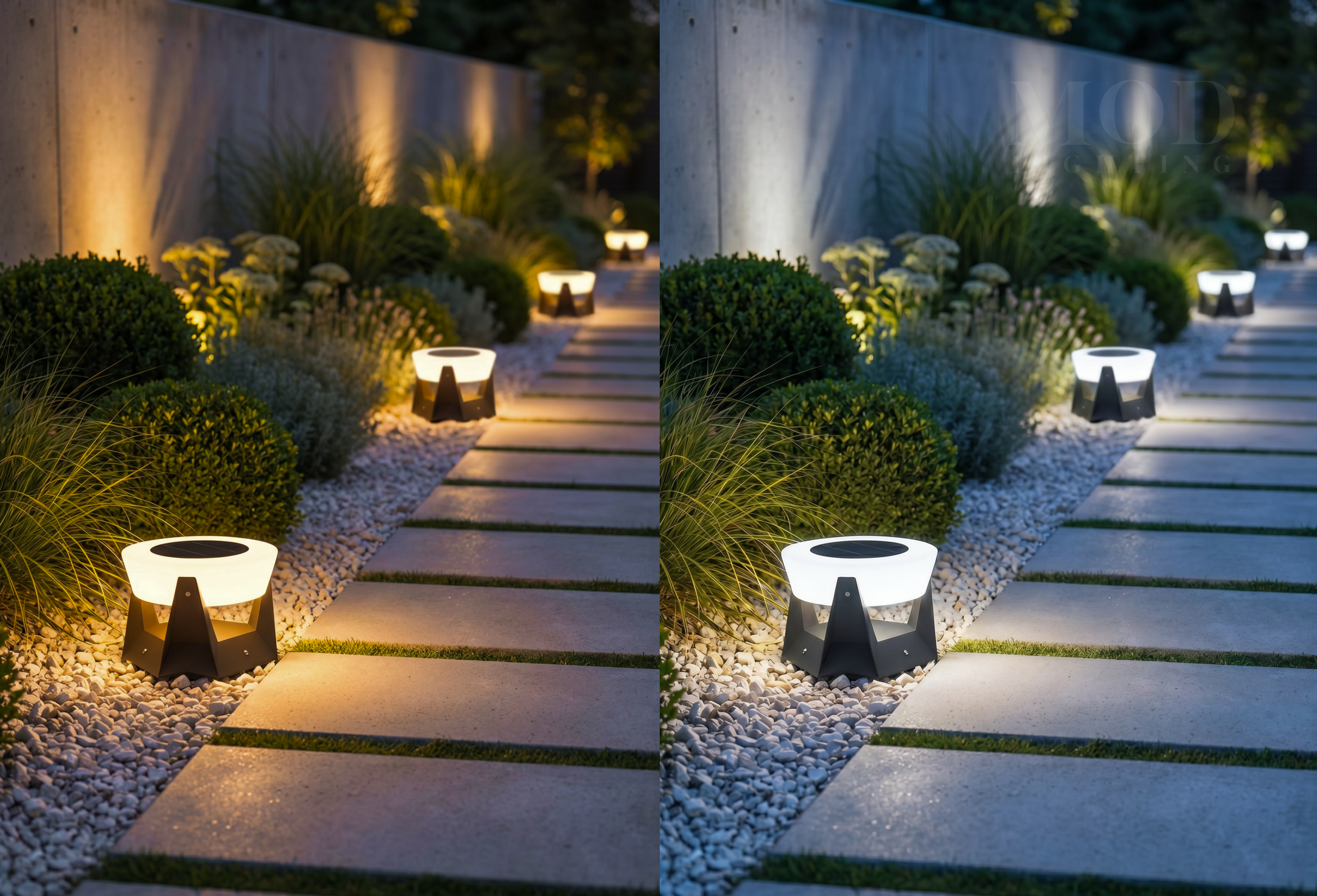 Garden path in warm 2700K versus cool 5000K light contrast