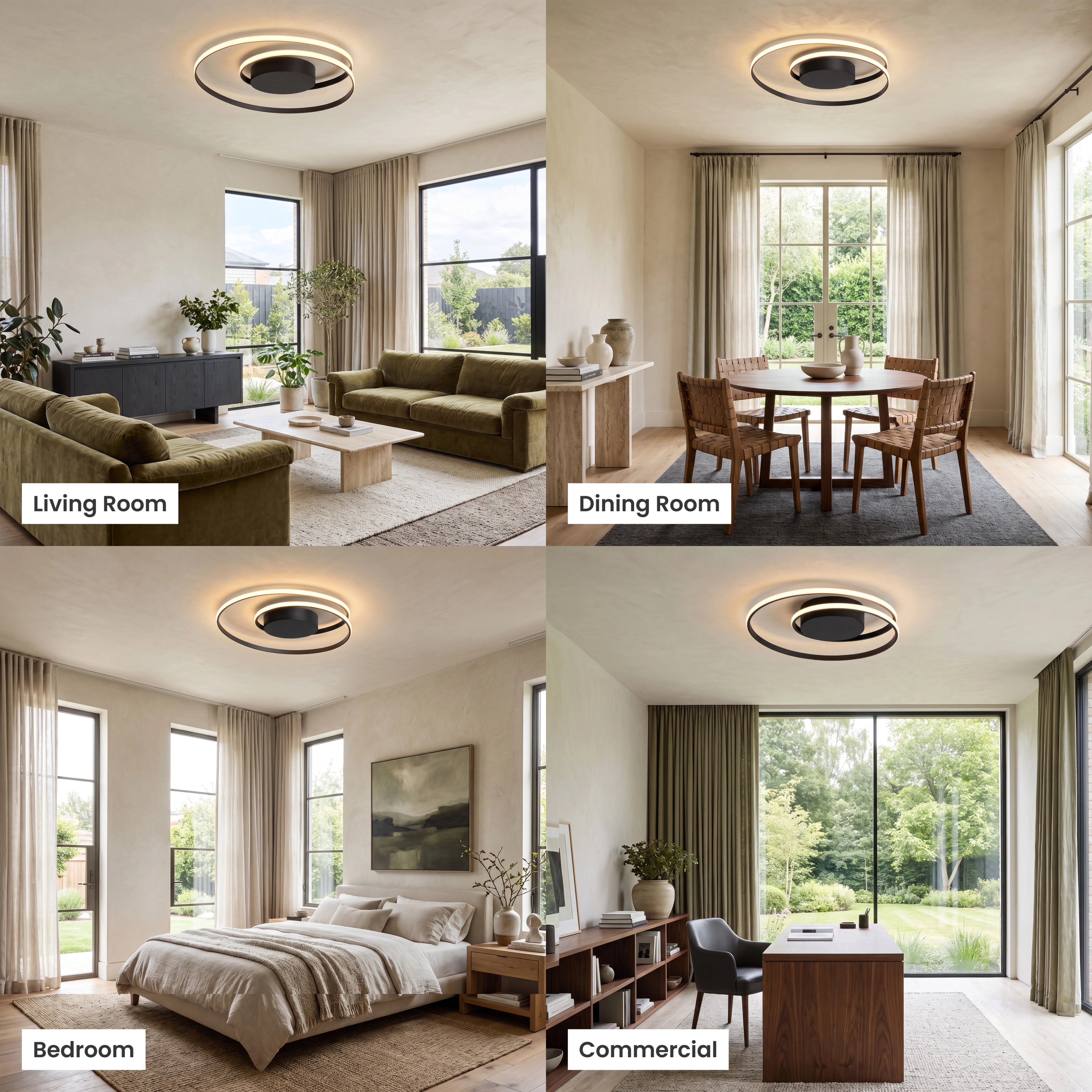 Spiral ceiling light, coiled black ring of warm LED tubing mounted flush in a living room and bedroom