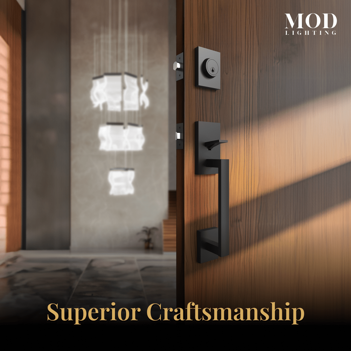 Modern Front Door Lock Set, matte black handleset on a wood front door in a modern entryway