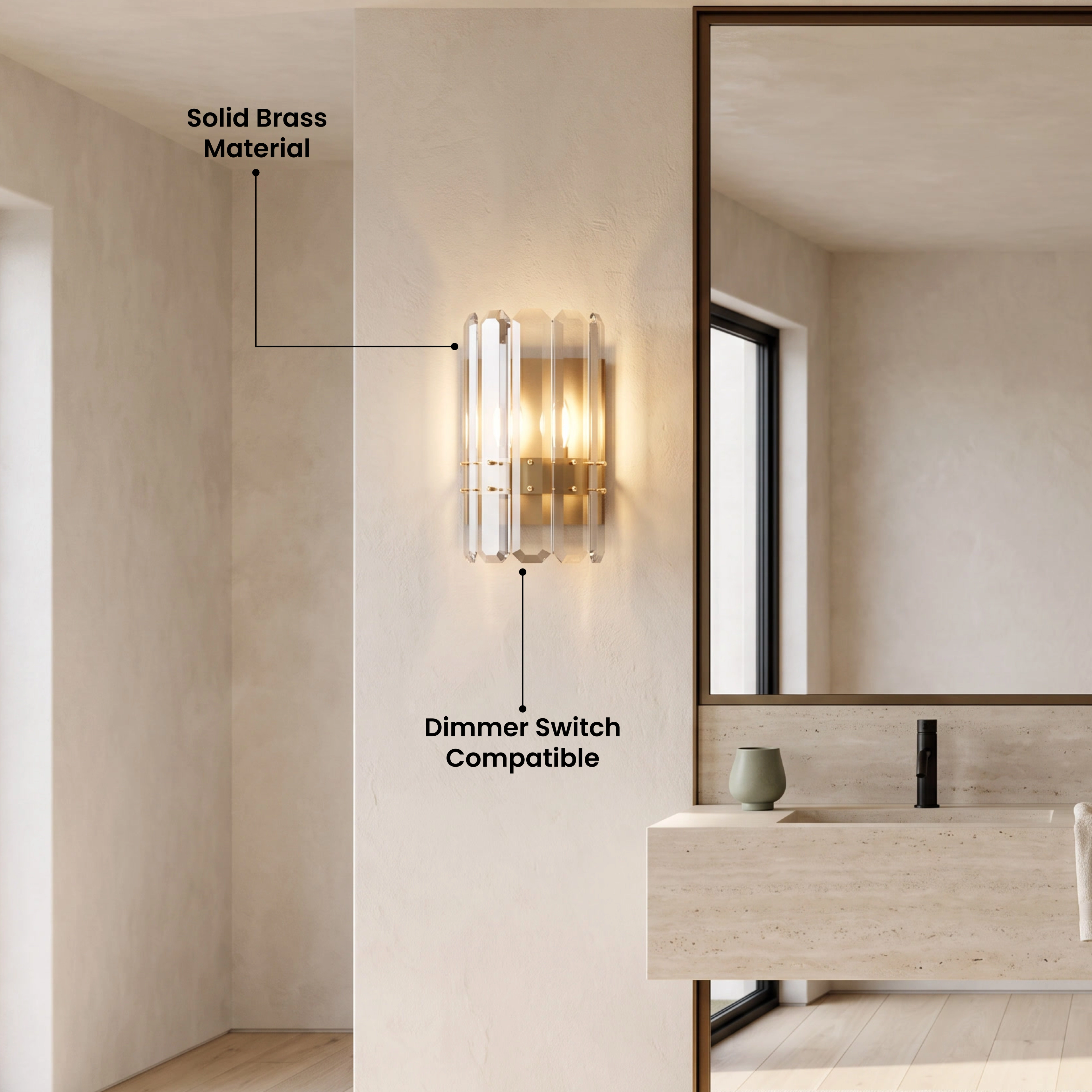 Lustre brushed-gold crystal wall sconces flanking a bathroom vanity mirror