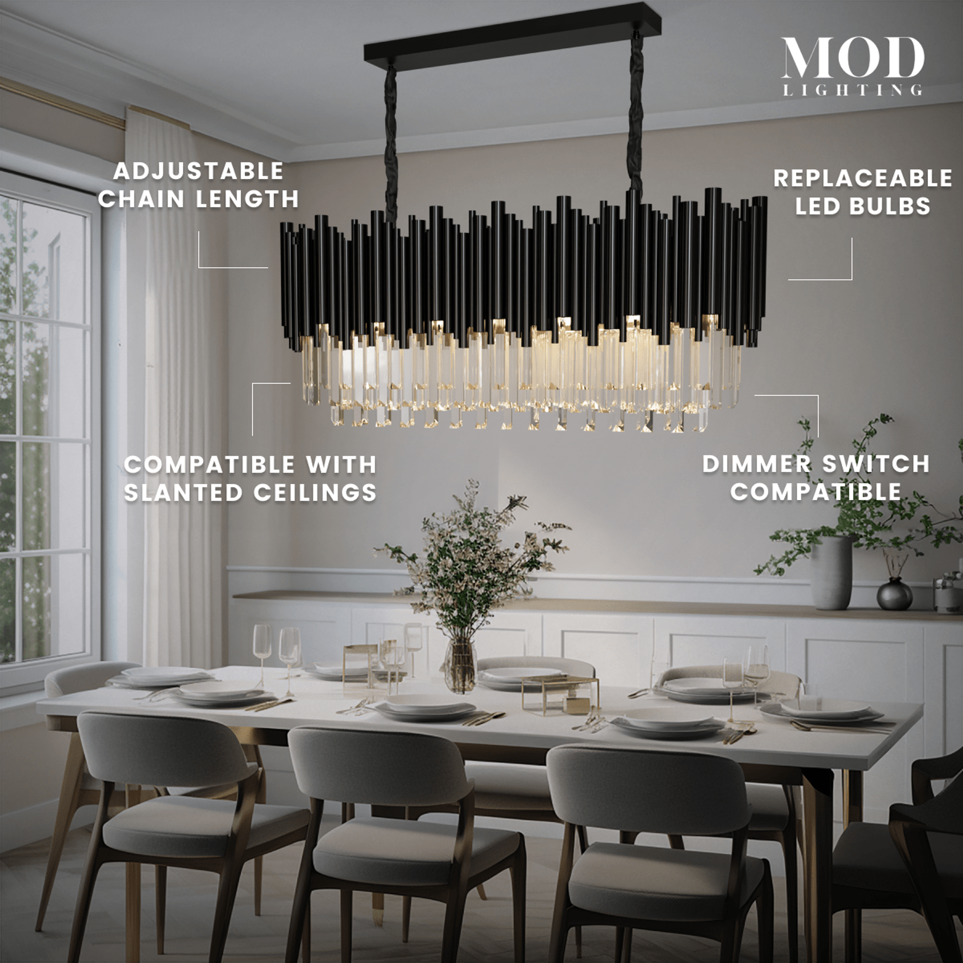 Obsidian Pendant black linear crystal chandelier over a dining table, noting adjustable chain and dimmer support