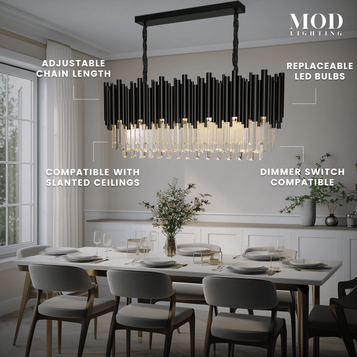 Obsidian Pendant black linear crystal chandelier over a dining table, noting adjustable chain and dimmer support