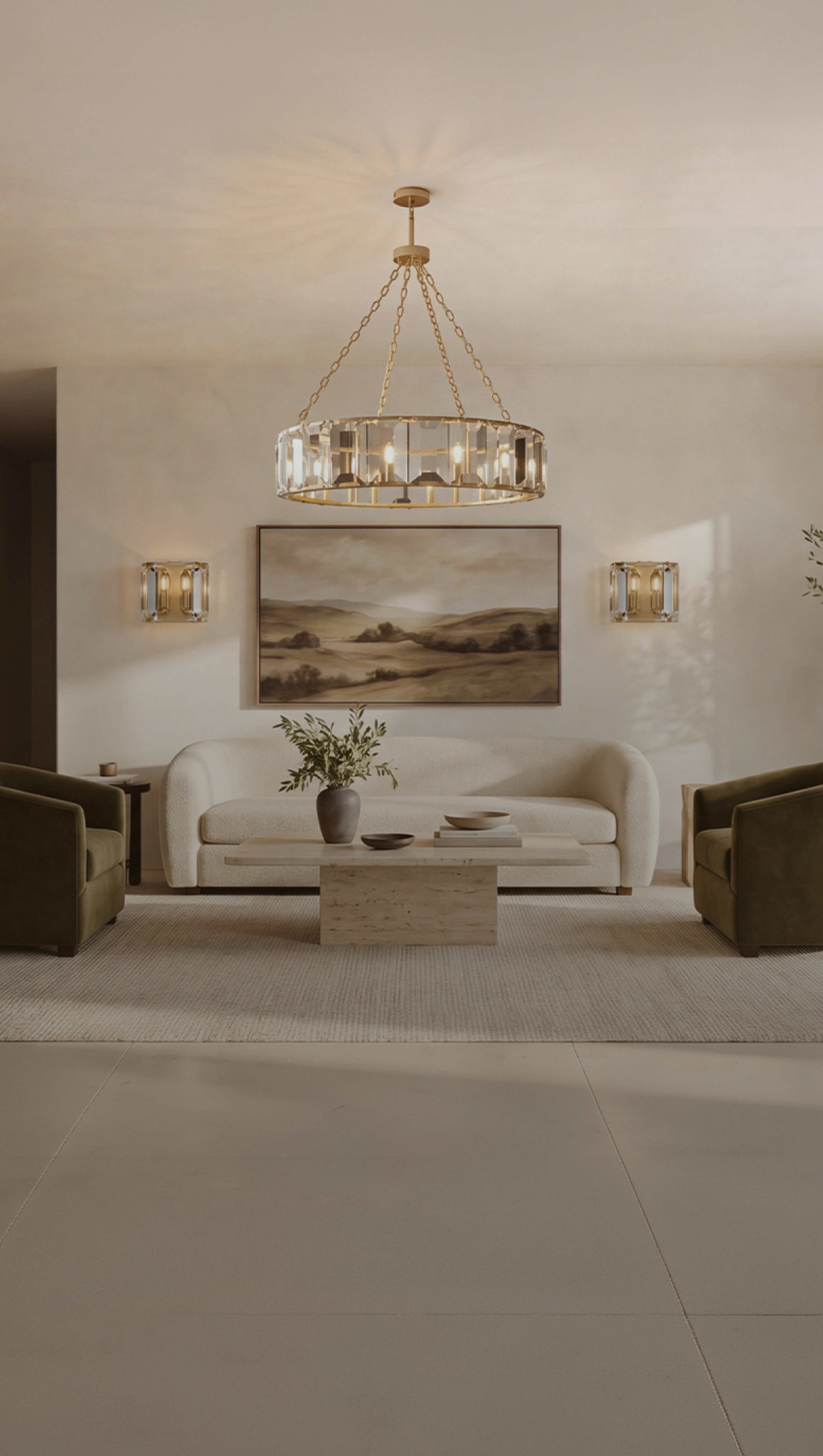 MOD LIGHTING Solara brass and crystal chandelier over a cream-toned living room with olive armchairs