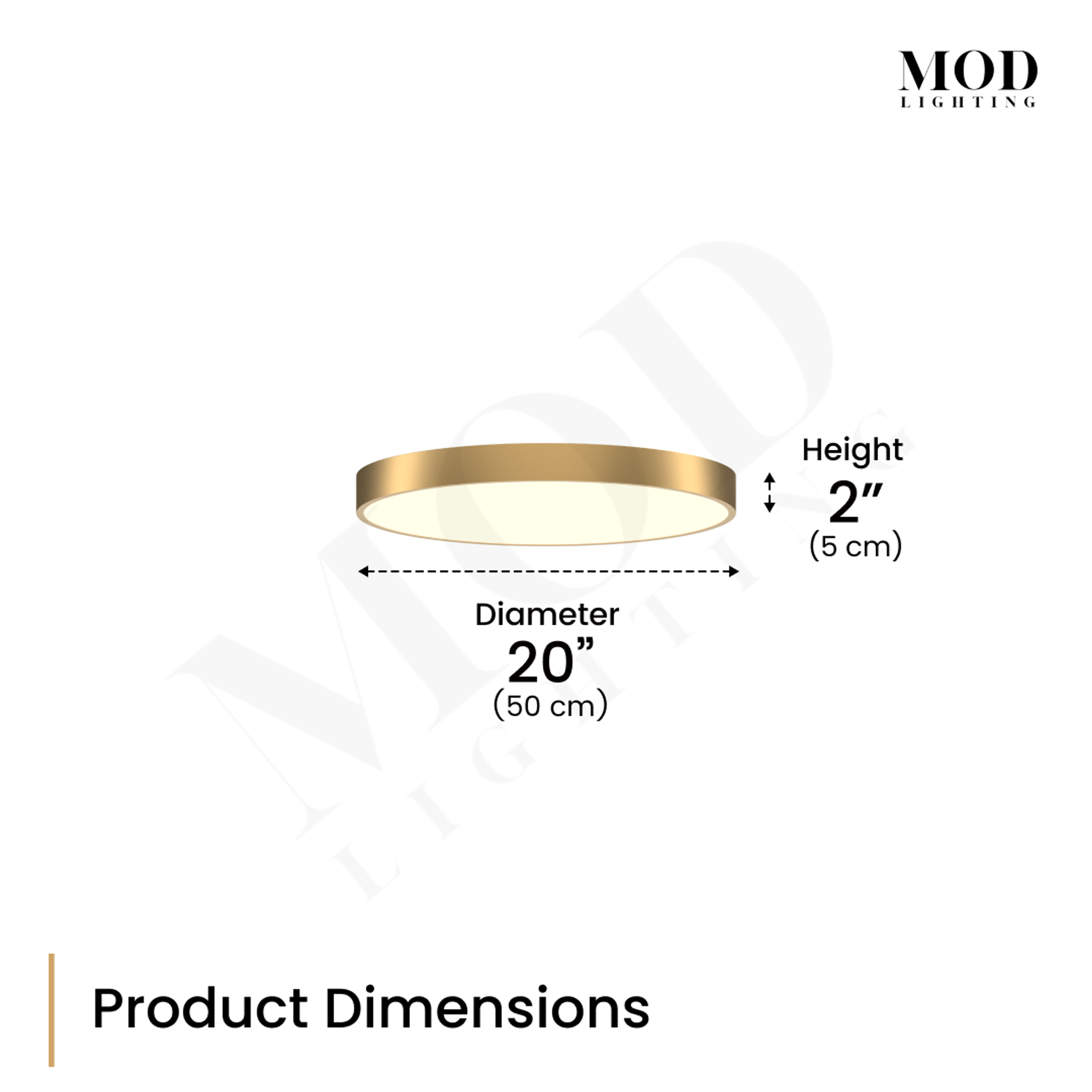 Aria round flush-mount dimension diagram, 20-inch diameter and 2-inch height