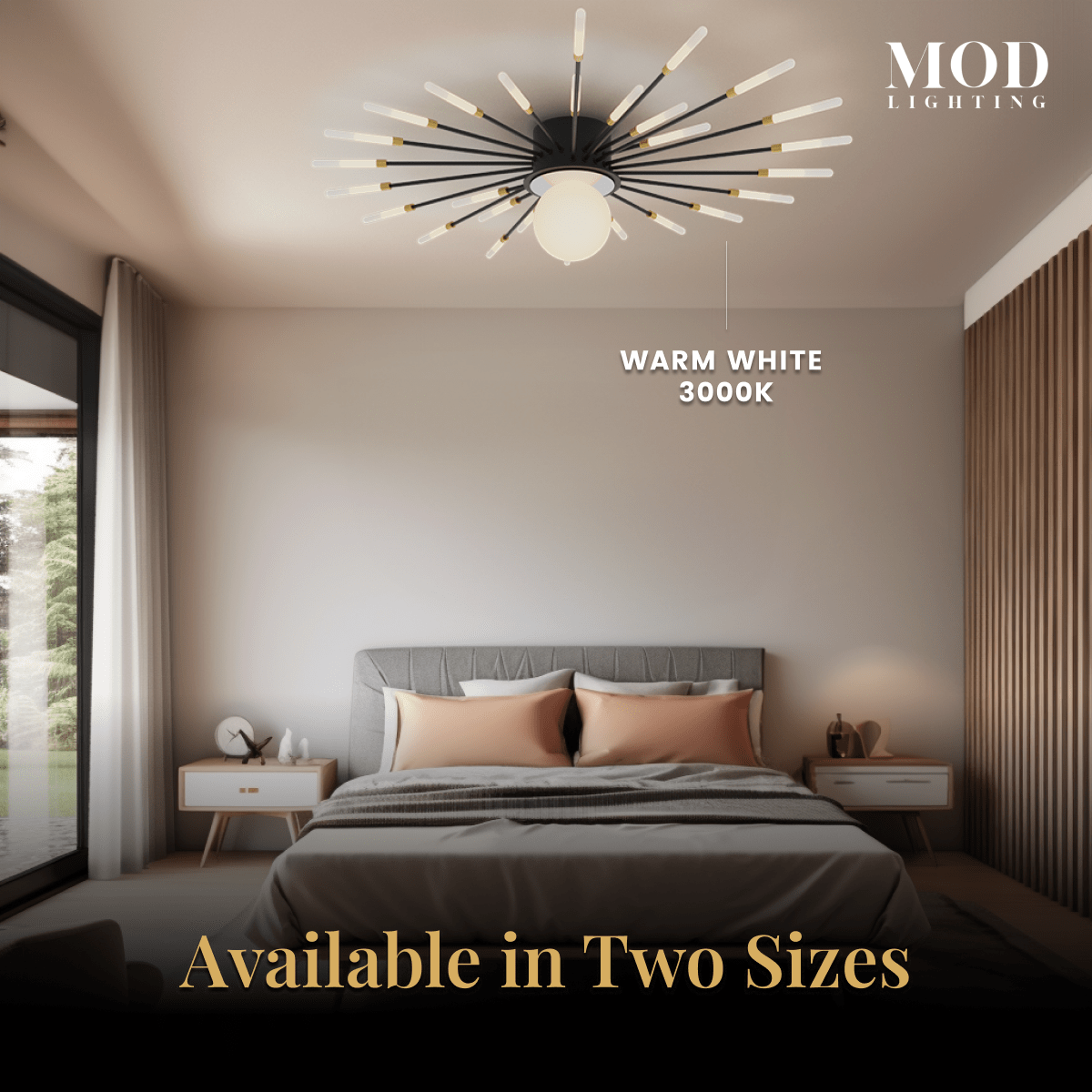 Seashell black spiral ceiling light in warm white 3000K over a bed in a modern bedroom