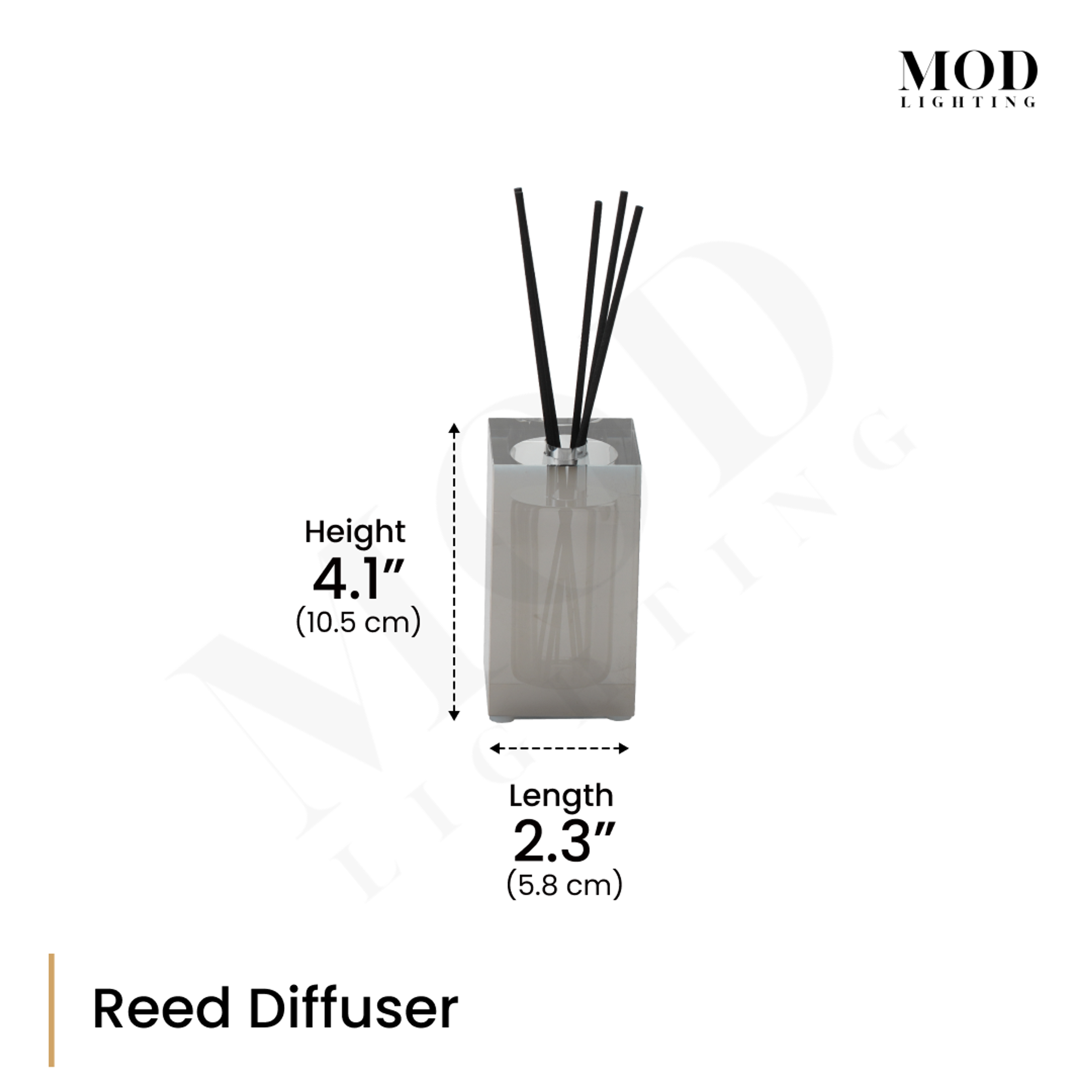 Moonlit Crystal Bath Set reed diffuser, dimension diagram of the smoky crystal cube with reeds: 4.1 in high, 2.3 in wide