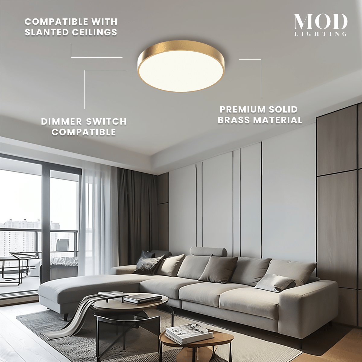 Aria brushed-gold round flush-mount on ceiling above a sofa, labeled slant-ceiling ready and dimmable