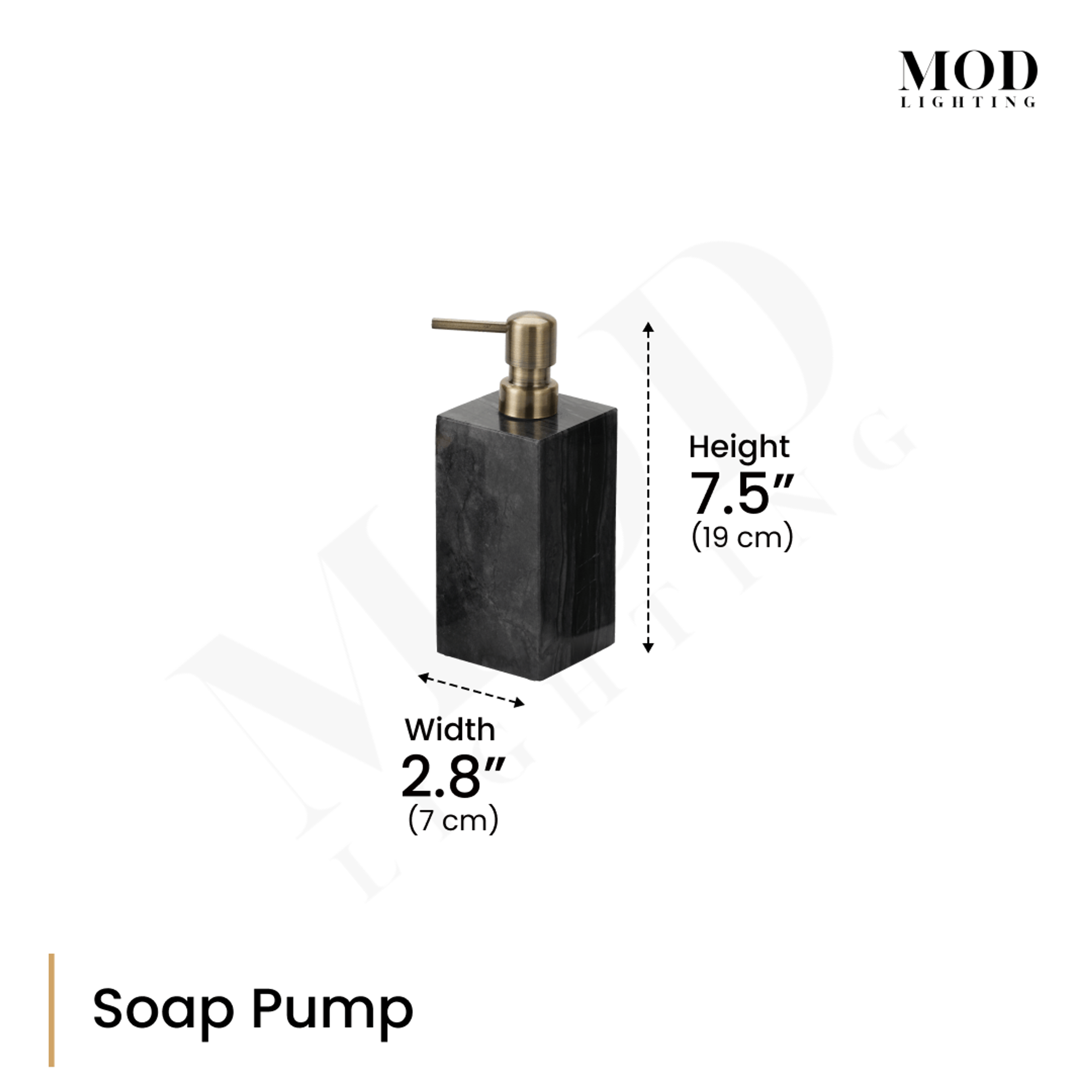 Timber Vein black marble soap pump with brass dispenser, dimension diagram: 7.5" (19 cm) height, 2.8" (7 cm) width