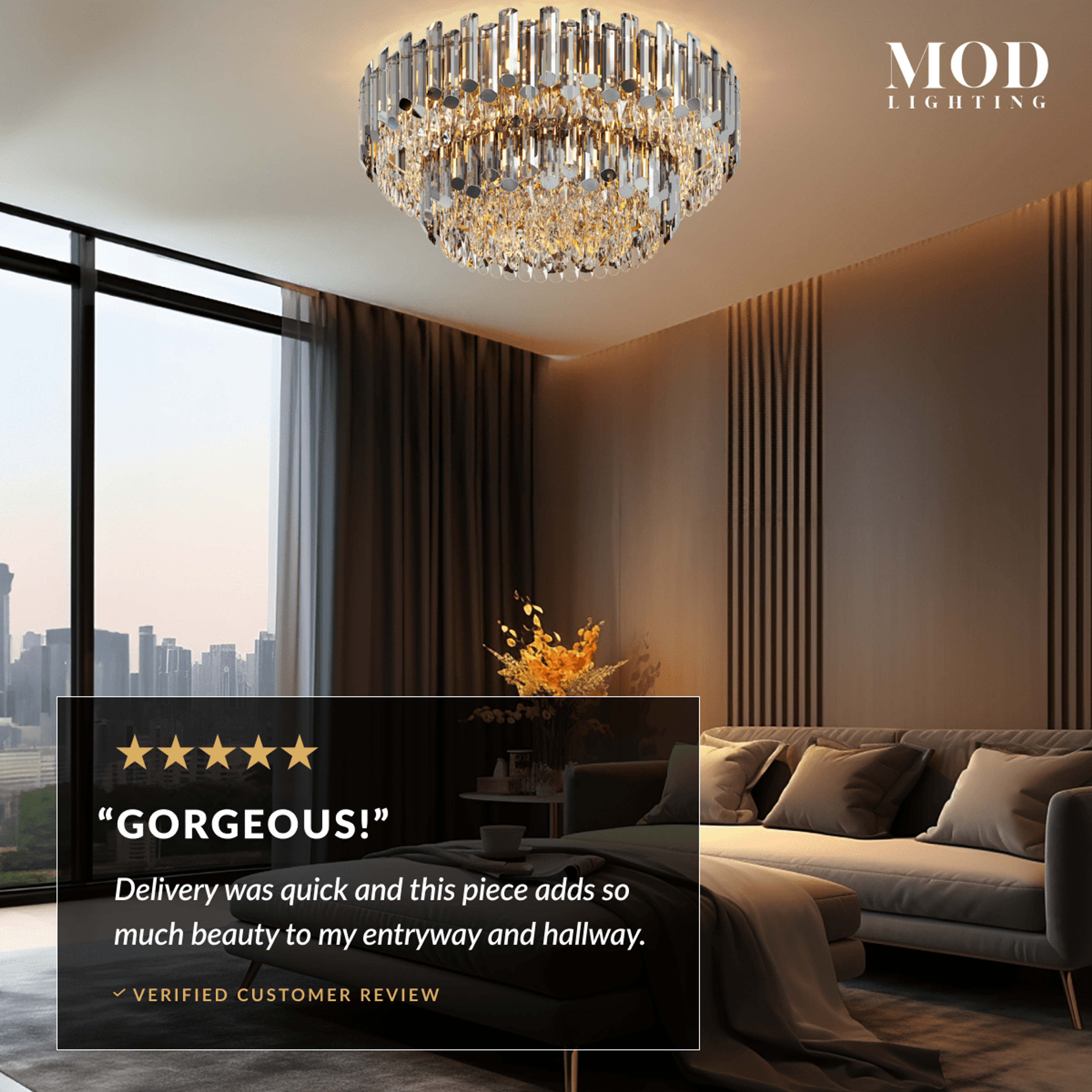 Arina round crystal flush-mount ceiling light in an entryway, with a five-star customer review