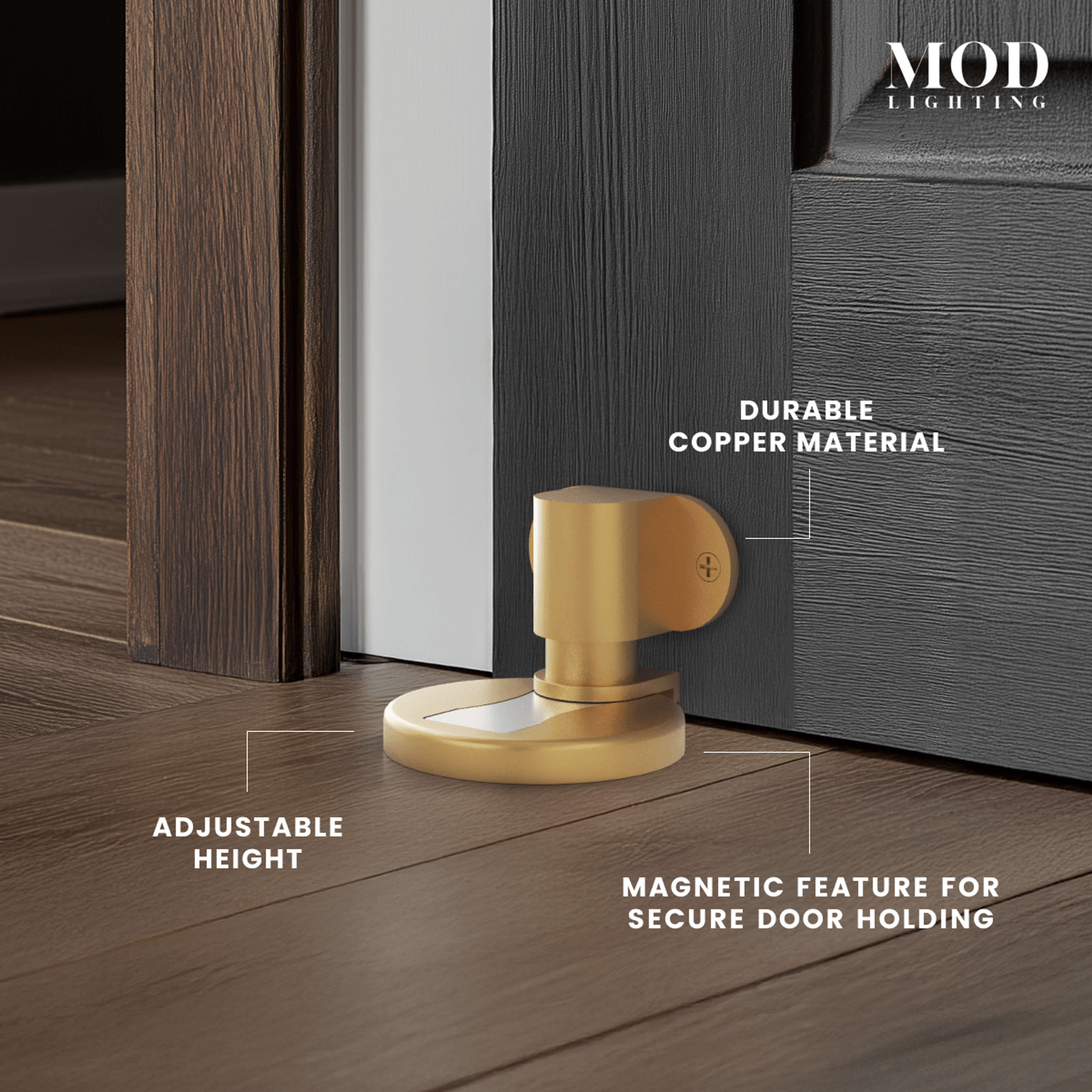 Moro brushed-gold floor door stop with callouts: durable copper, magnetic hold, adjustable height