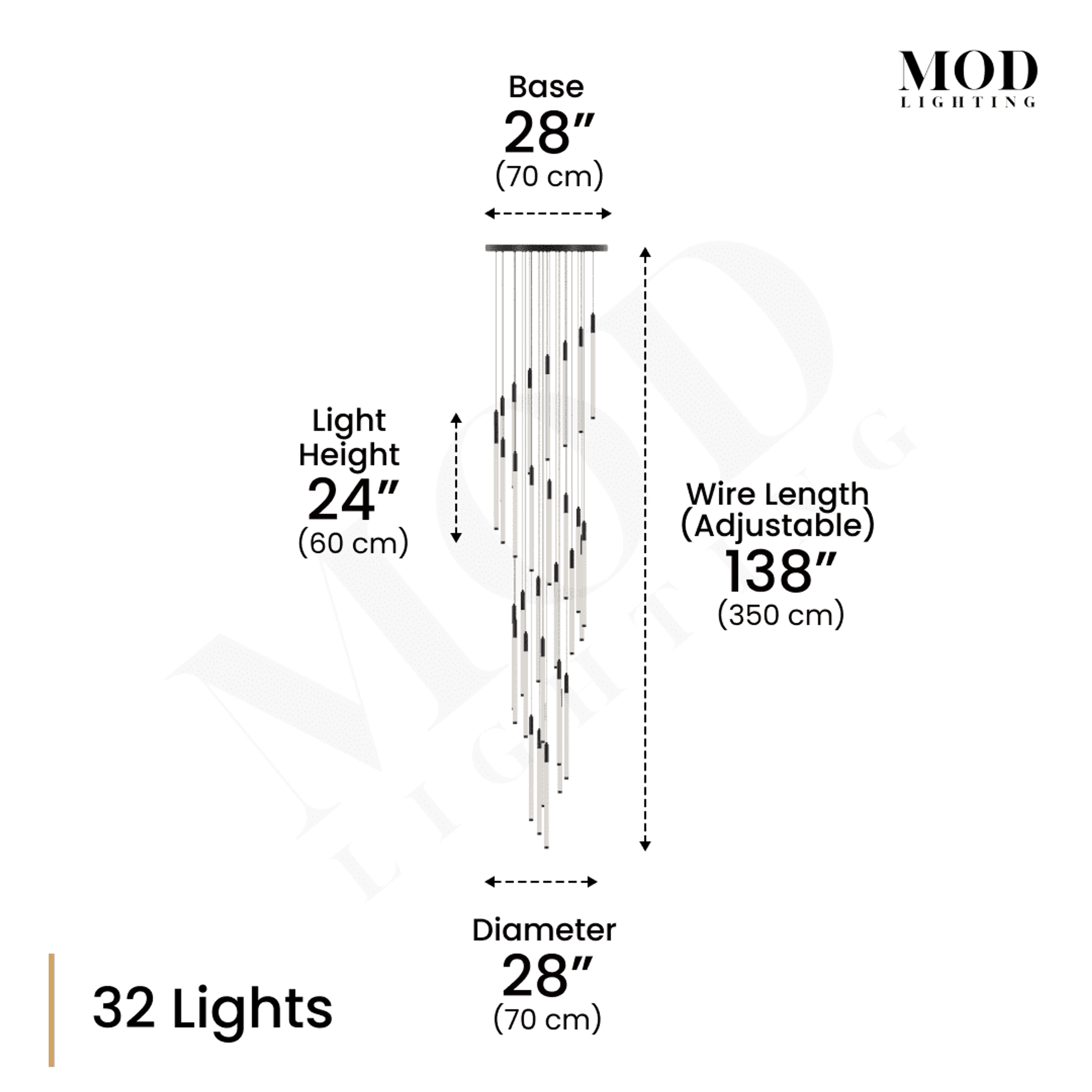 Kasper black cascading light-bar chandelier, 32 slim vertical rods, dimension diagram: 28" base, 138" wire
