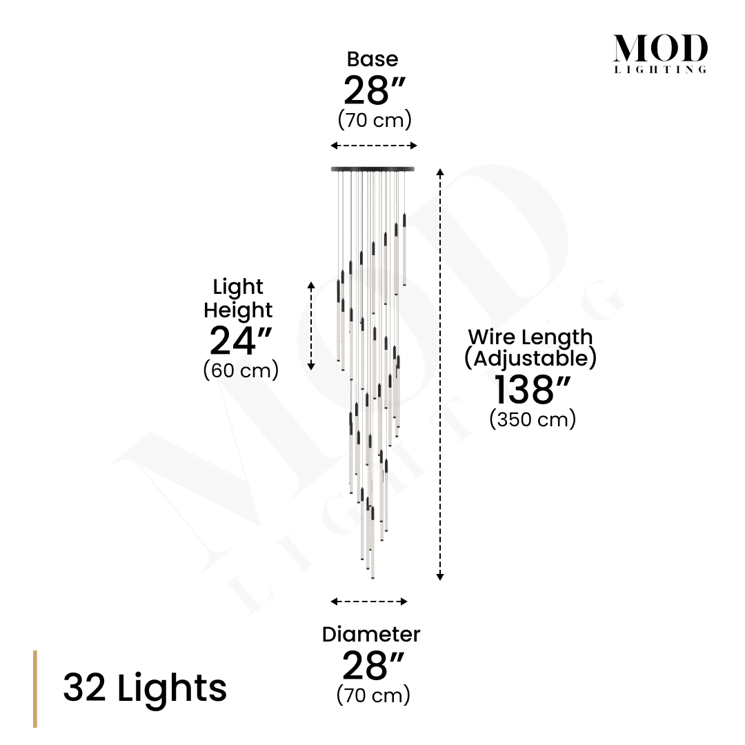 Kasper black cascading light-bar chandelier, 32 slim vertical rods, dimension diagram: 28" base, 138" wire