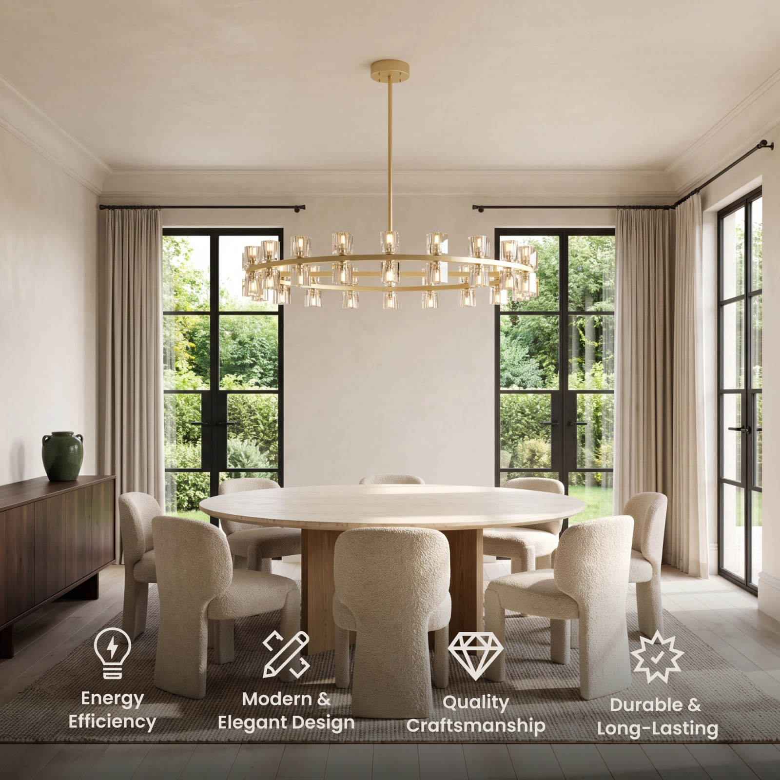 Sunrise Chandelier, single circular brass frame ringed with vertical crystal shades in a room