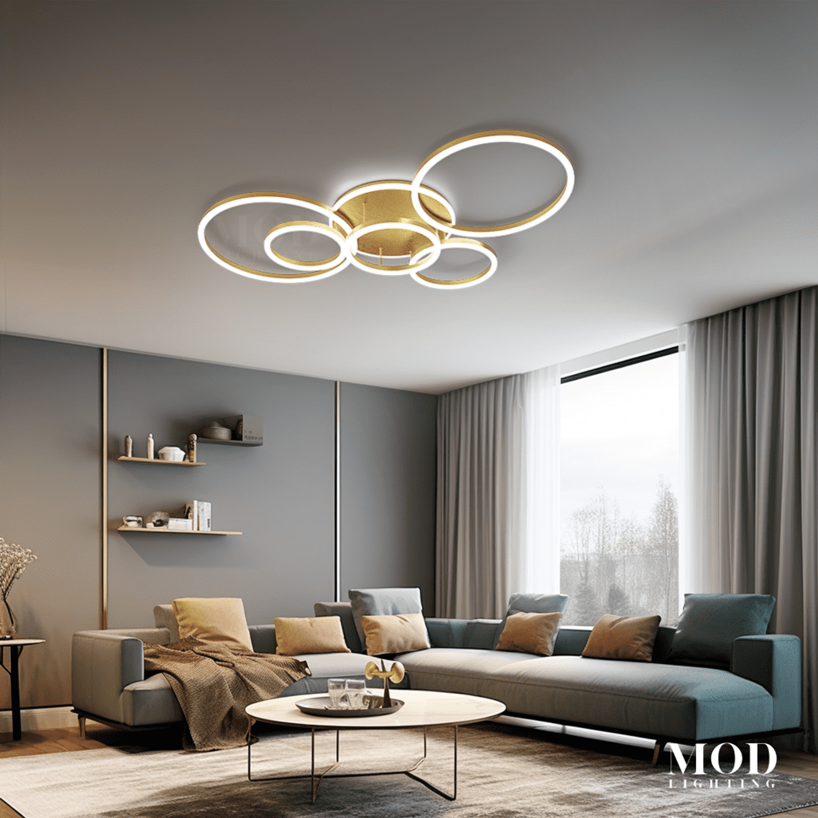 Chloe ceiling light, gold interlocking illuminated rings, in a grey living room