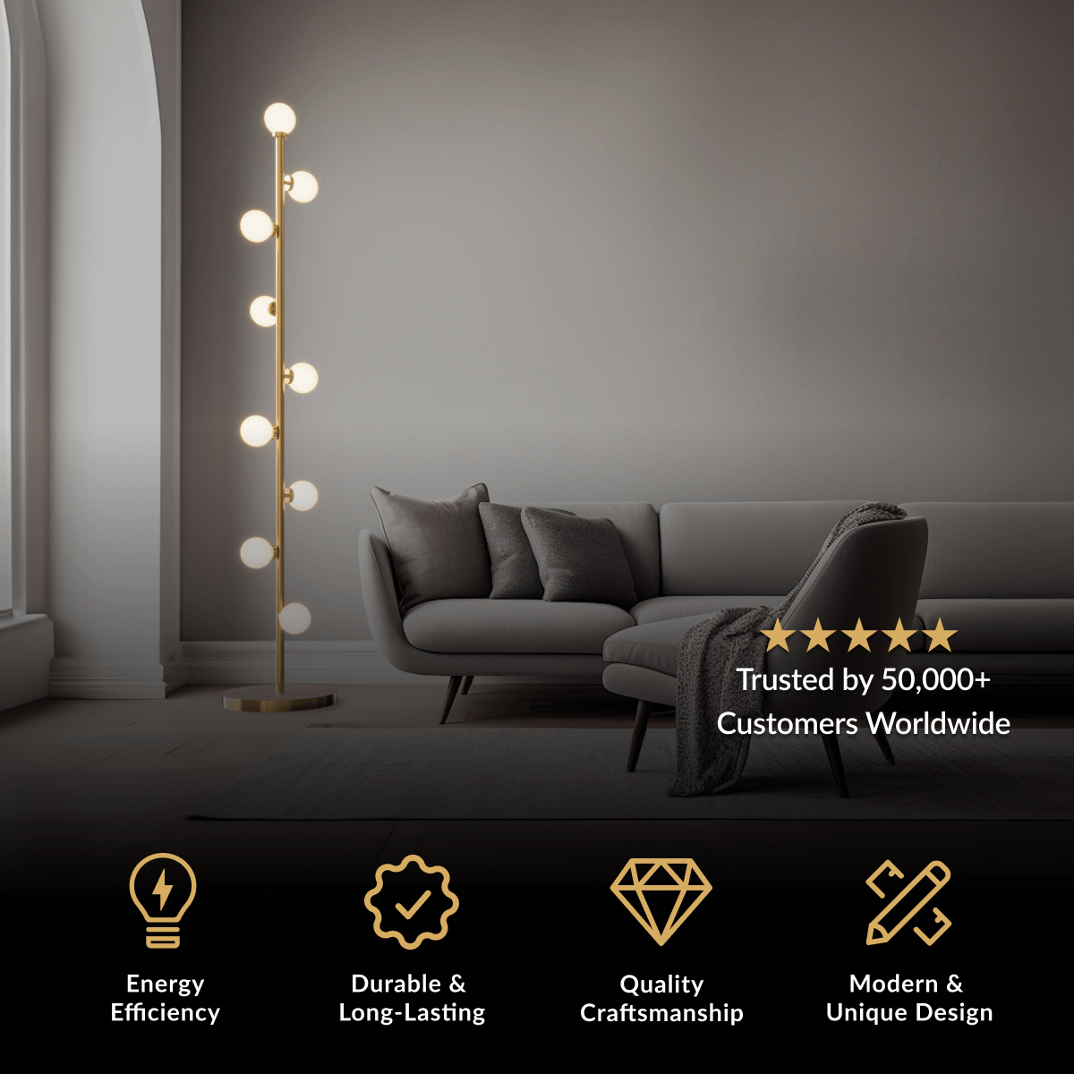 Pearl gold floor lamp with stacked white sphere bulbs beside a sofa in a dim living room