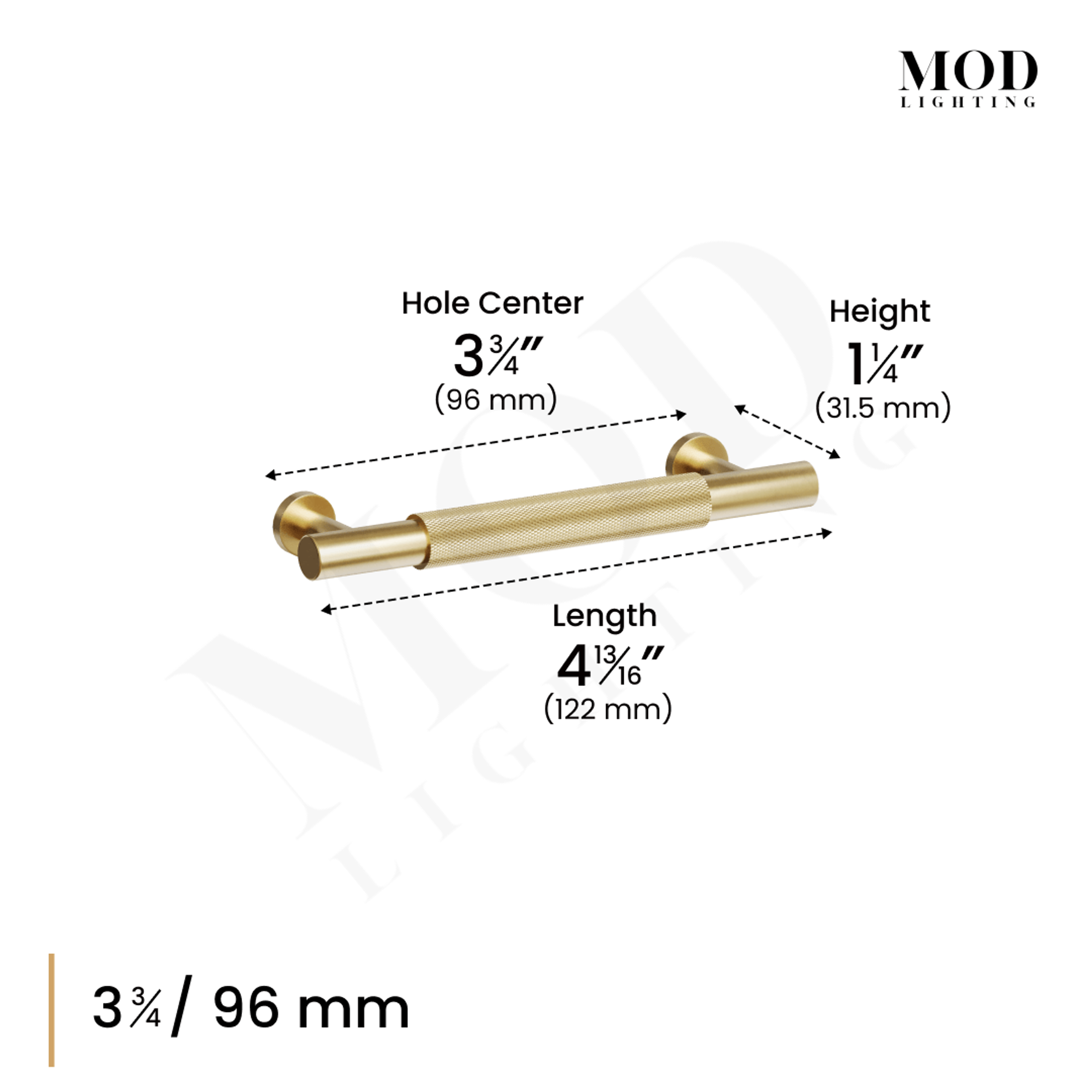 Wellesley brushed-gold cabinet pull dimension diagram: 3.75 in (96 mm) hole center, 4 13/16 in length, 1.25 in height