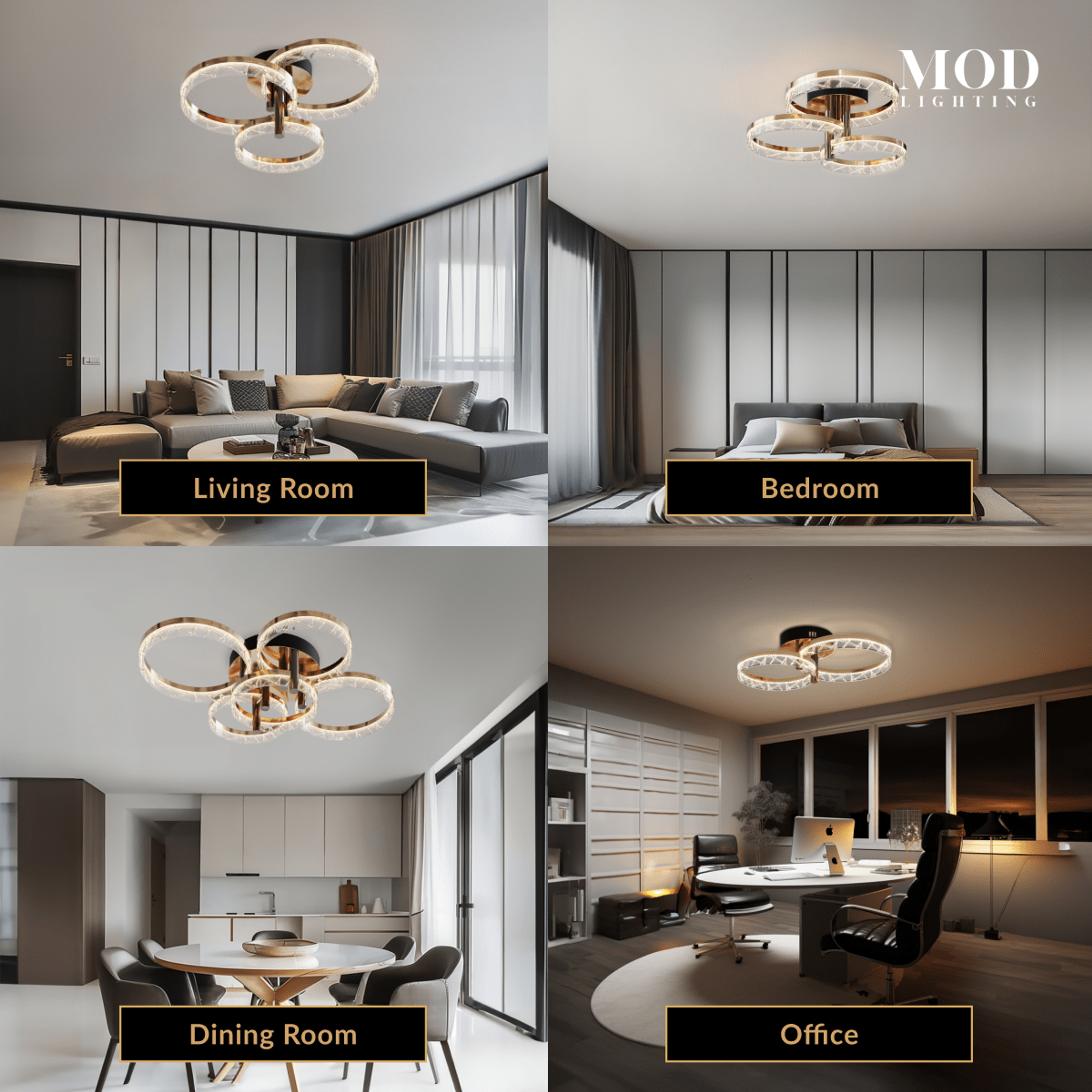Clara gold crystal ring ceiling light shown in living room, bedroom, dining room and office settings