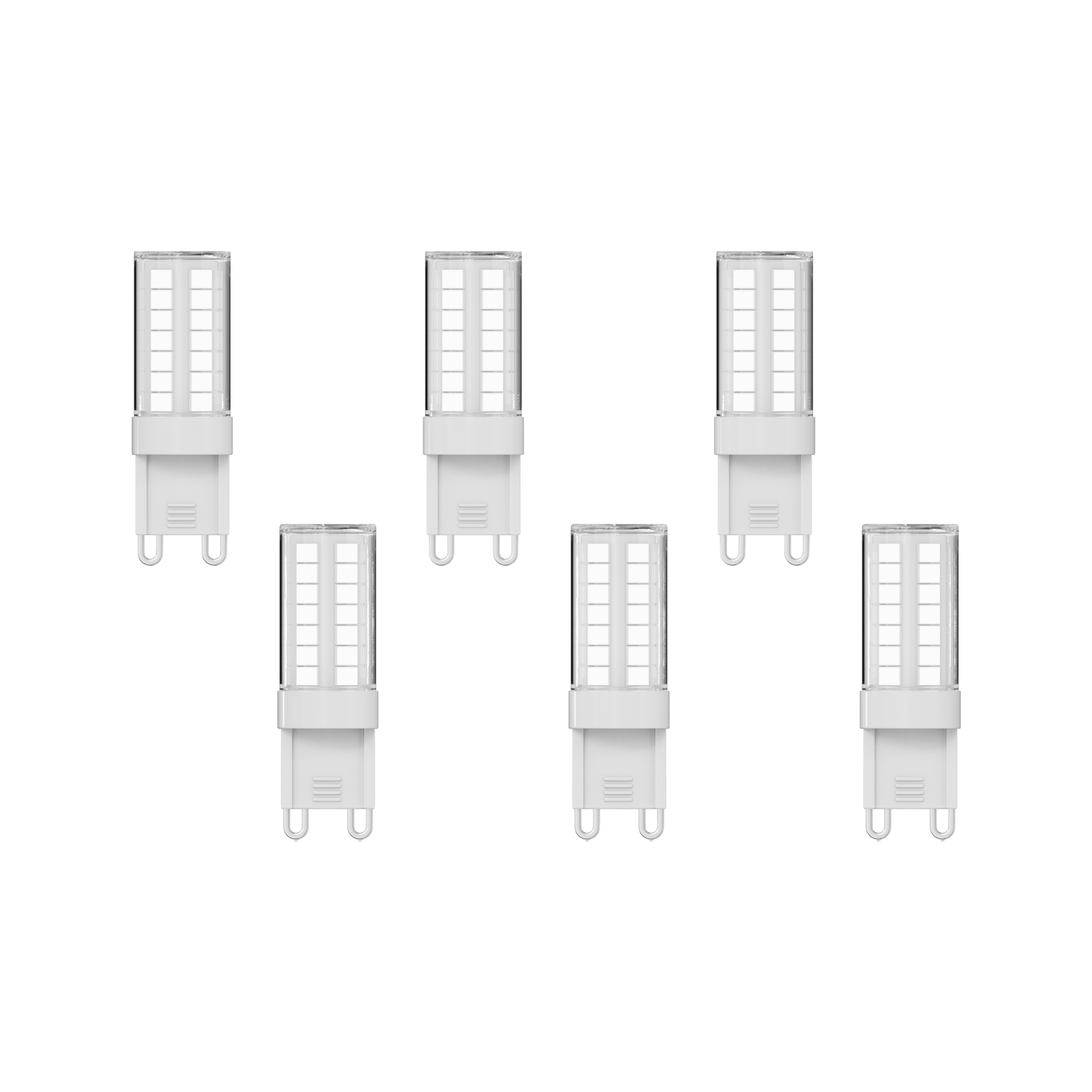 Set of six G9 LED bulbs with clear tube casings and two-pin bases on white