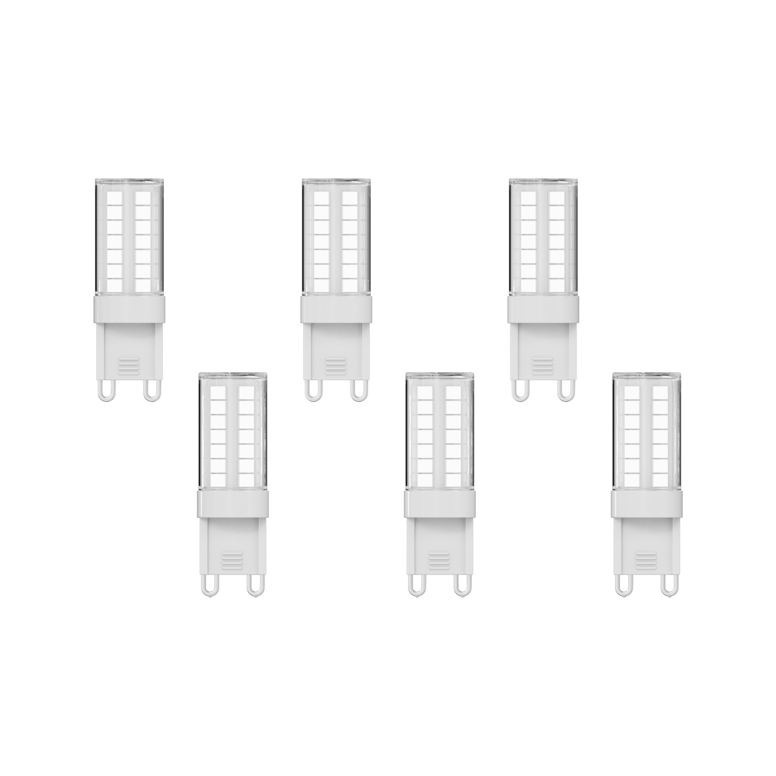 Set of six G9 LED bulbs with clear tube casings and two-pin bases on white