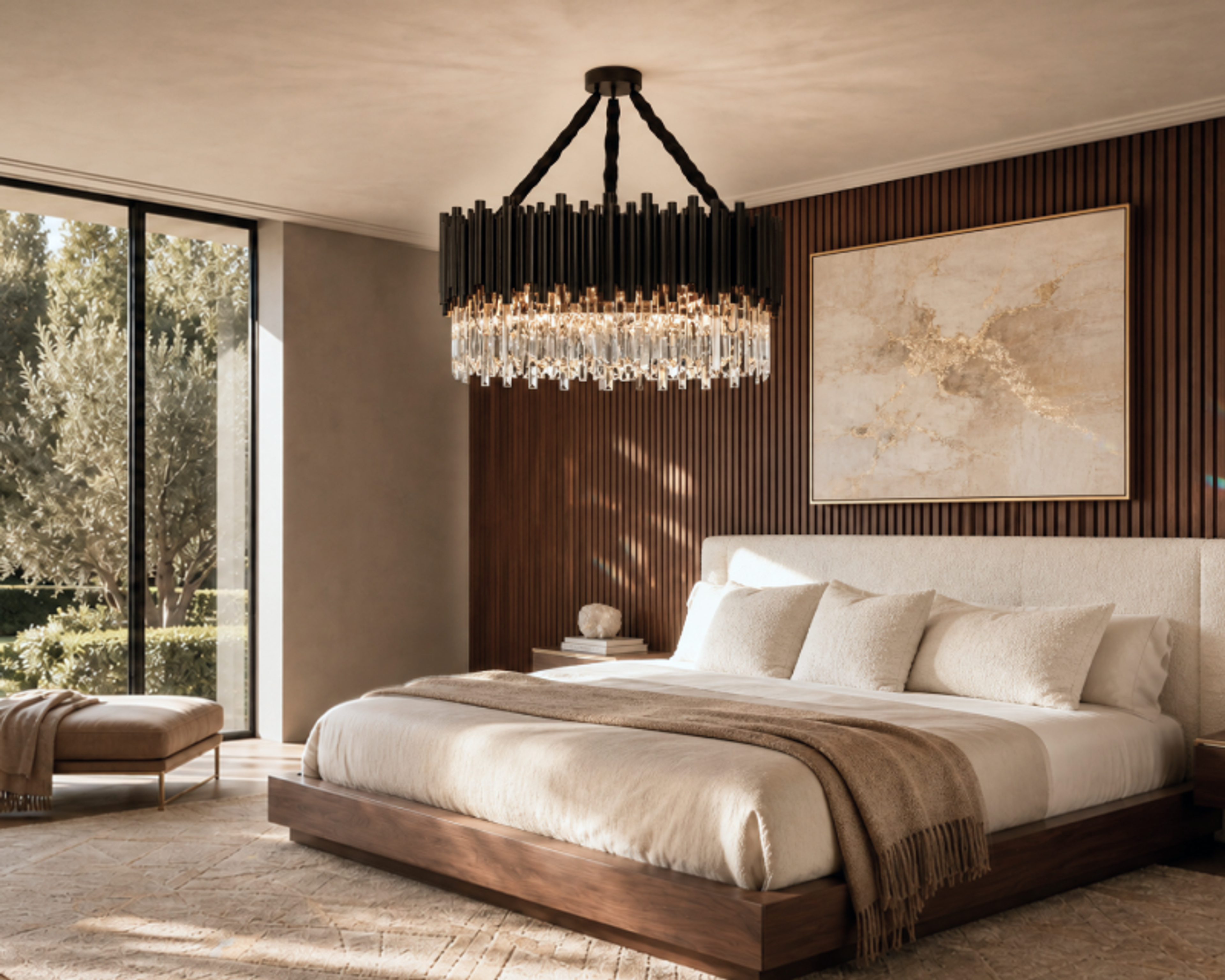 Obsidian chandelier in a modern living room