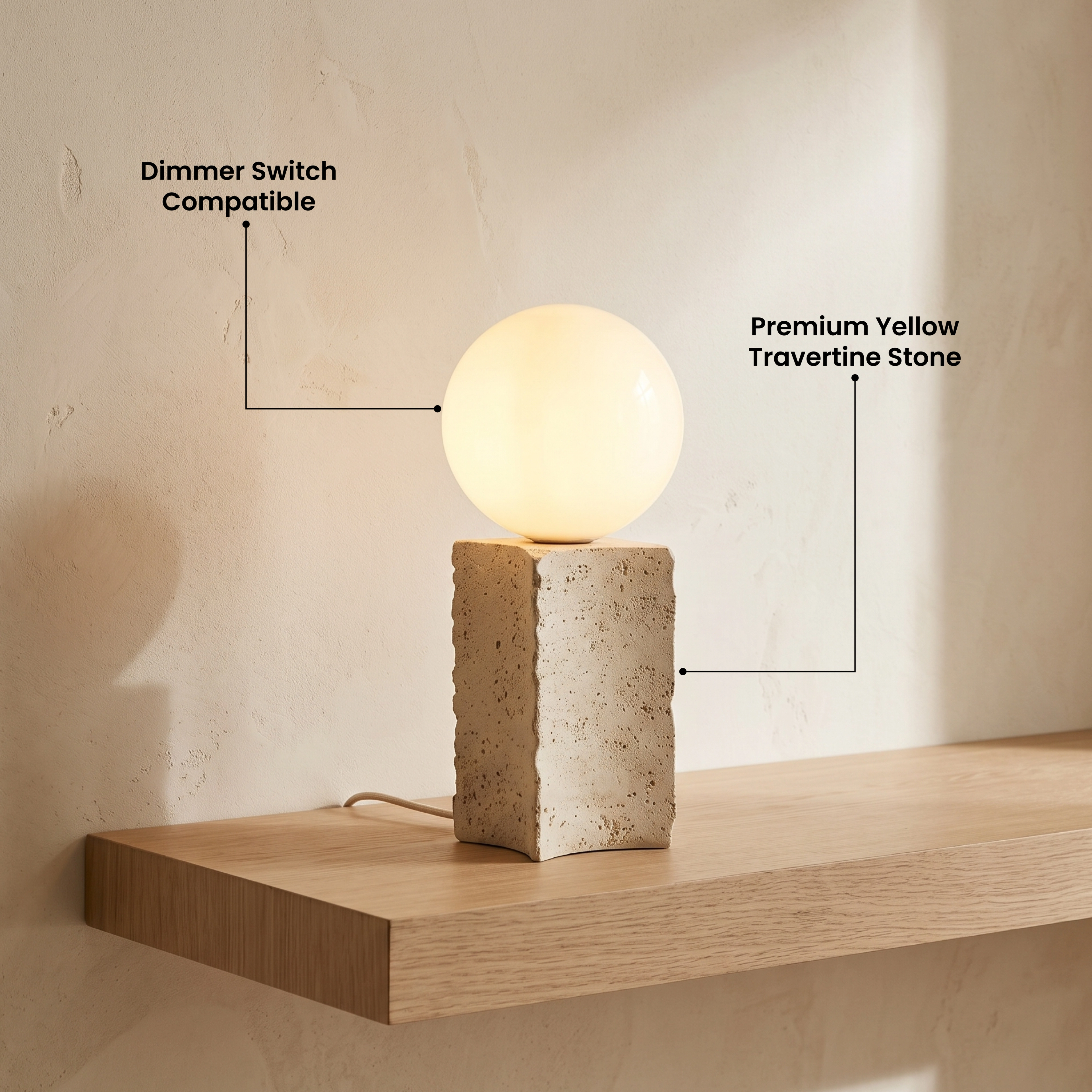 Arabella cream travertine stone table lamp, rectangular column base with white glass globe, lit on a dining table