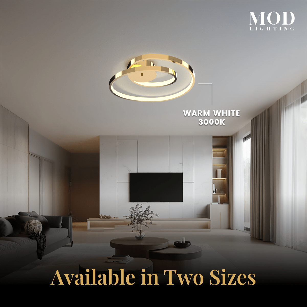 Elise gold spiral-ring flush-mount ceiling light in a living room, warm white 3000K, two sizes