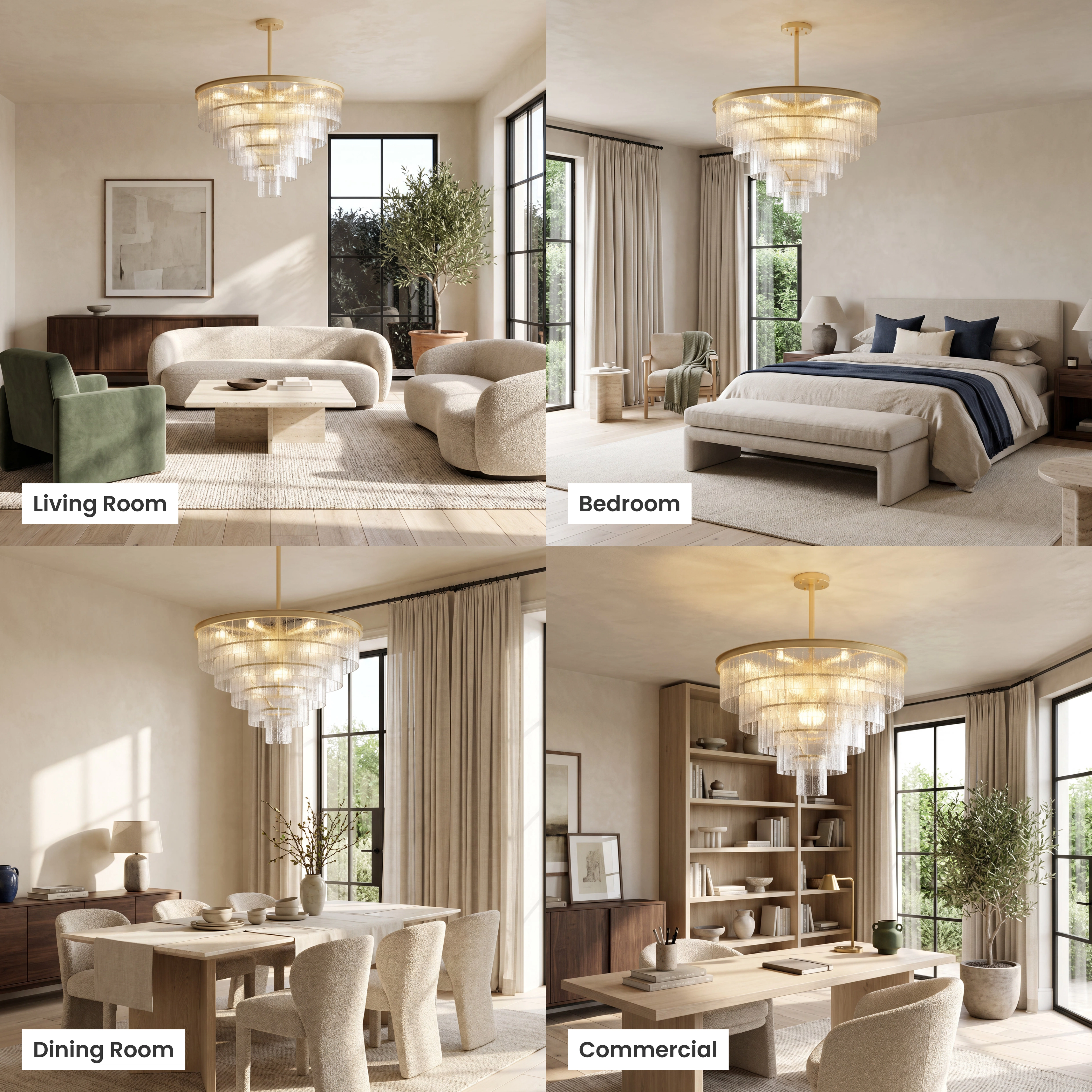 Cascade brass chandelier with tiered textured-glass fringe, shown in living room, dining room, bedroom and commercial spaces
