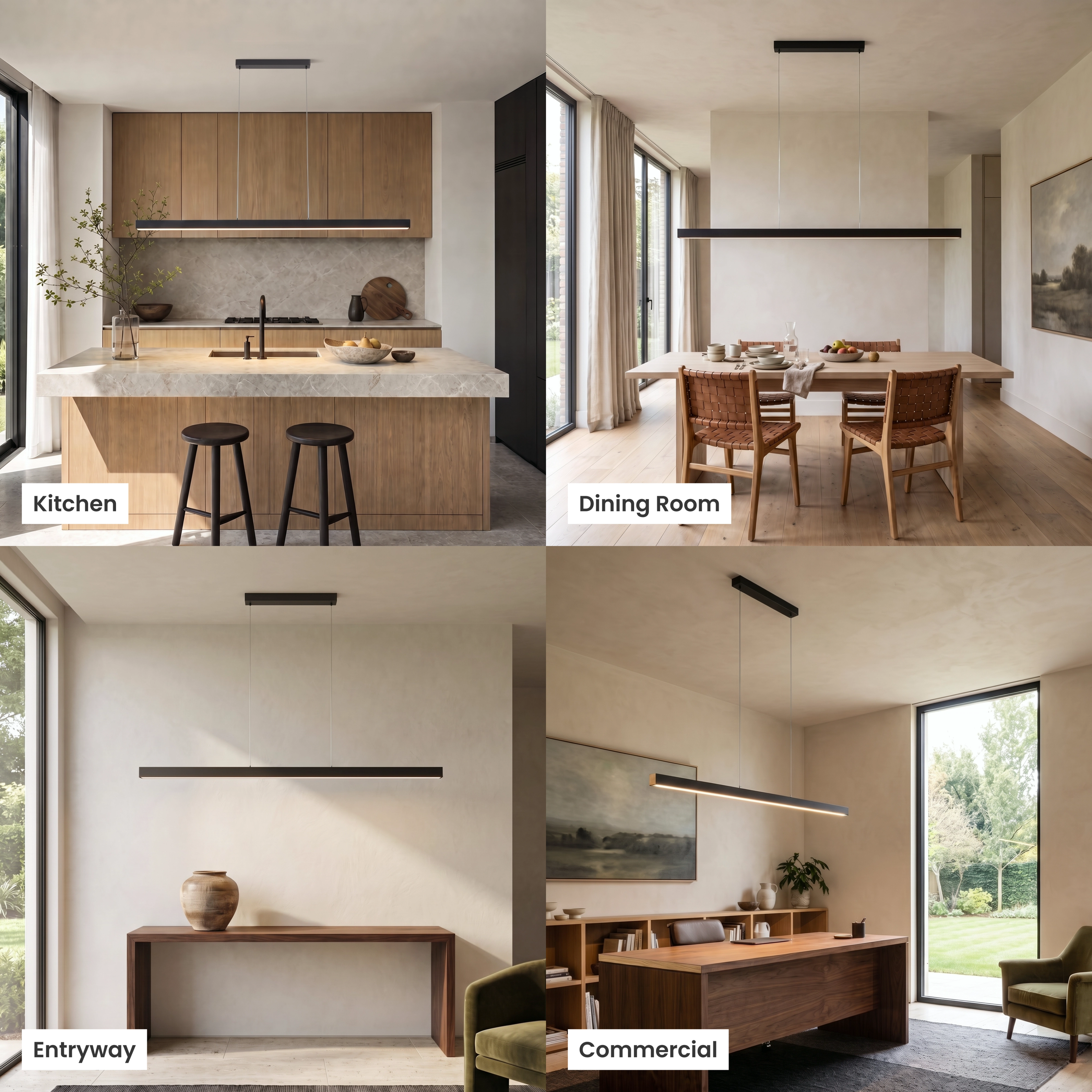Luka pendant, black minimalist linear LED bar suspended over a kitchen island and dining table