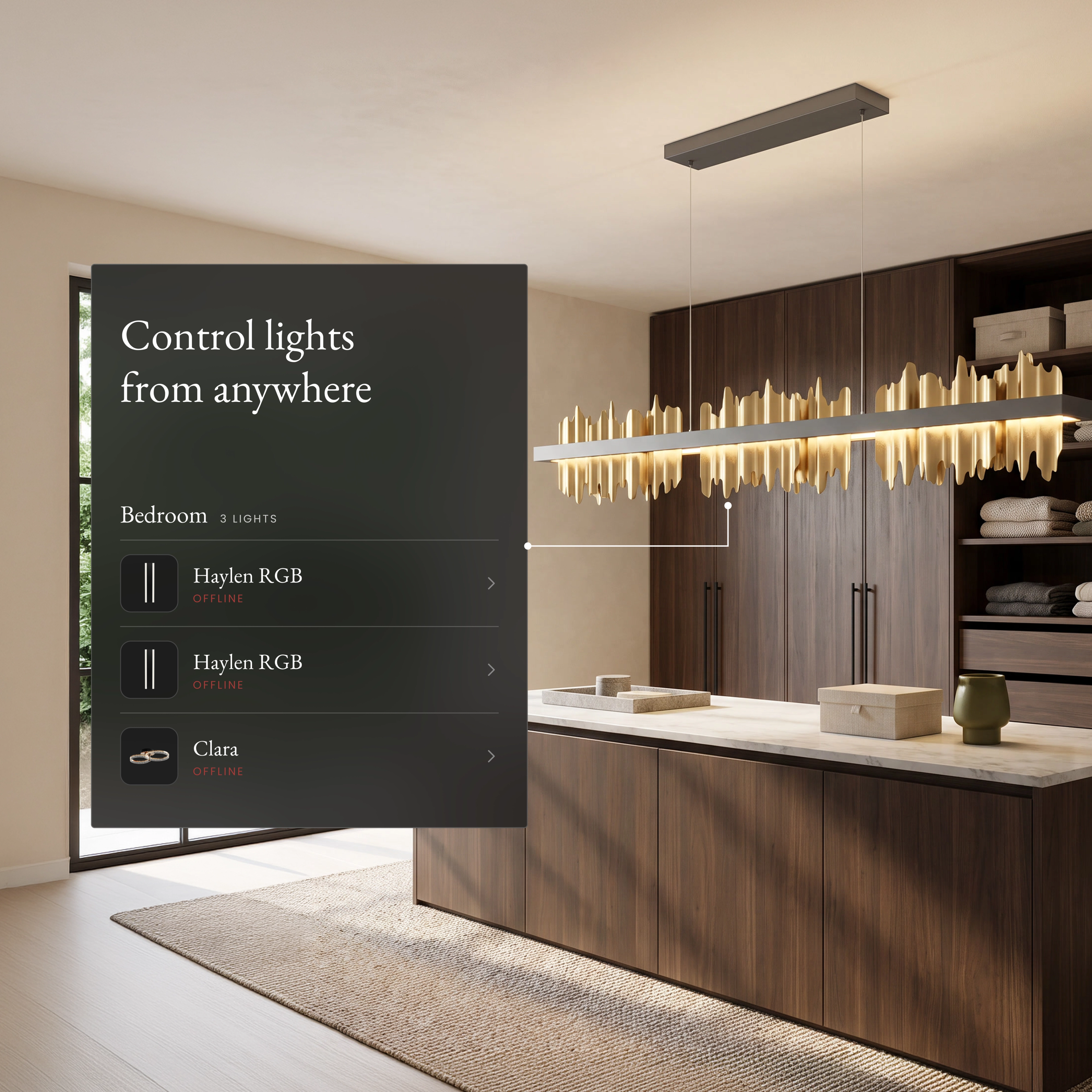 Aurelius Pendant Smart over a kitchen island with the app room list for control from anywhere