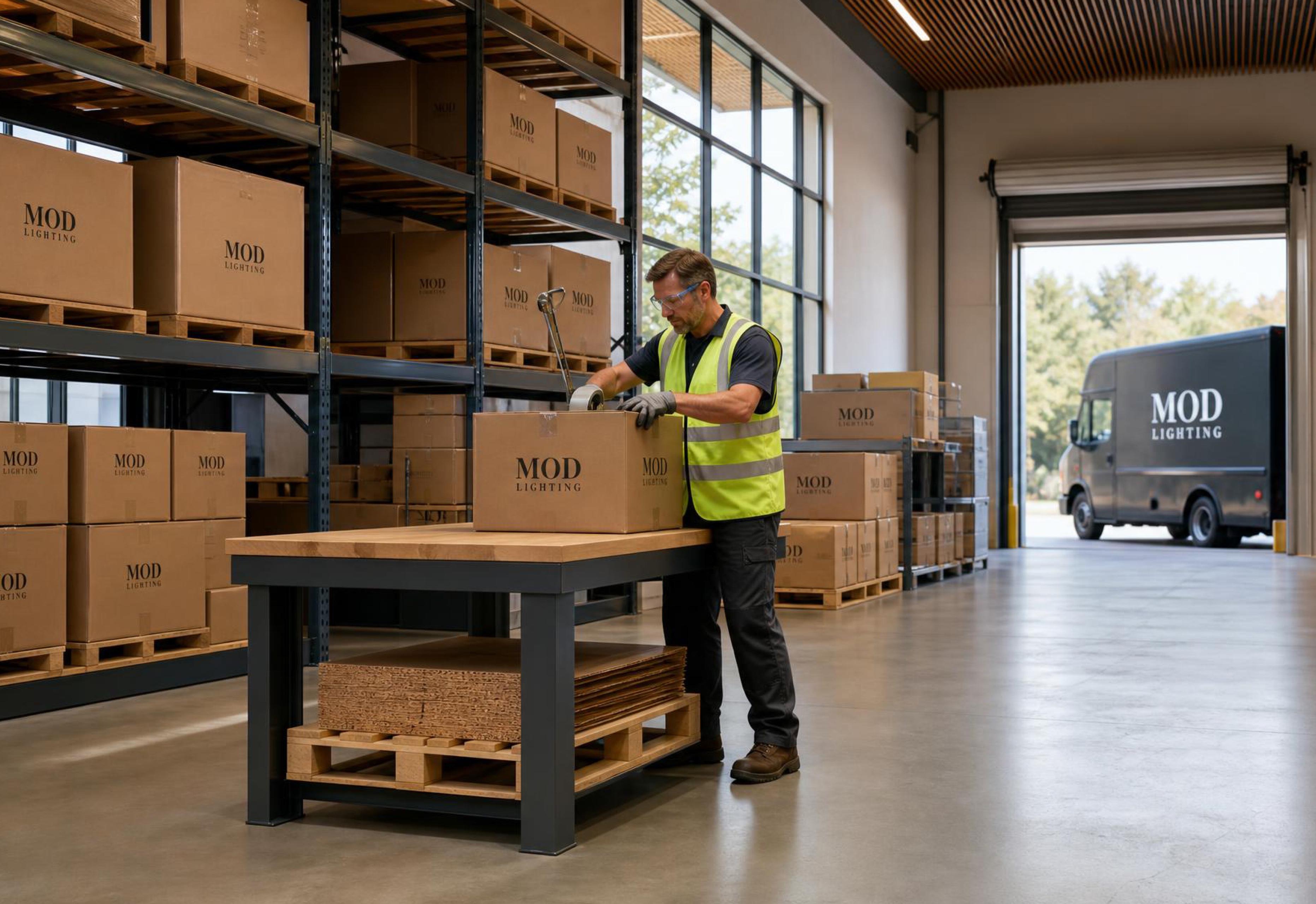 A team member packing MOD LIGHTING orders in a warehouse with a delivery van at the door