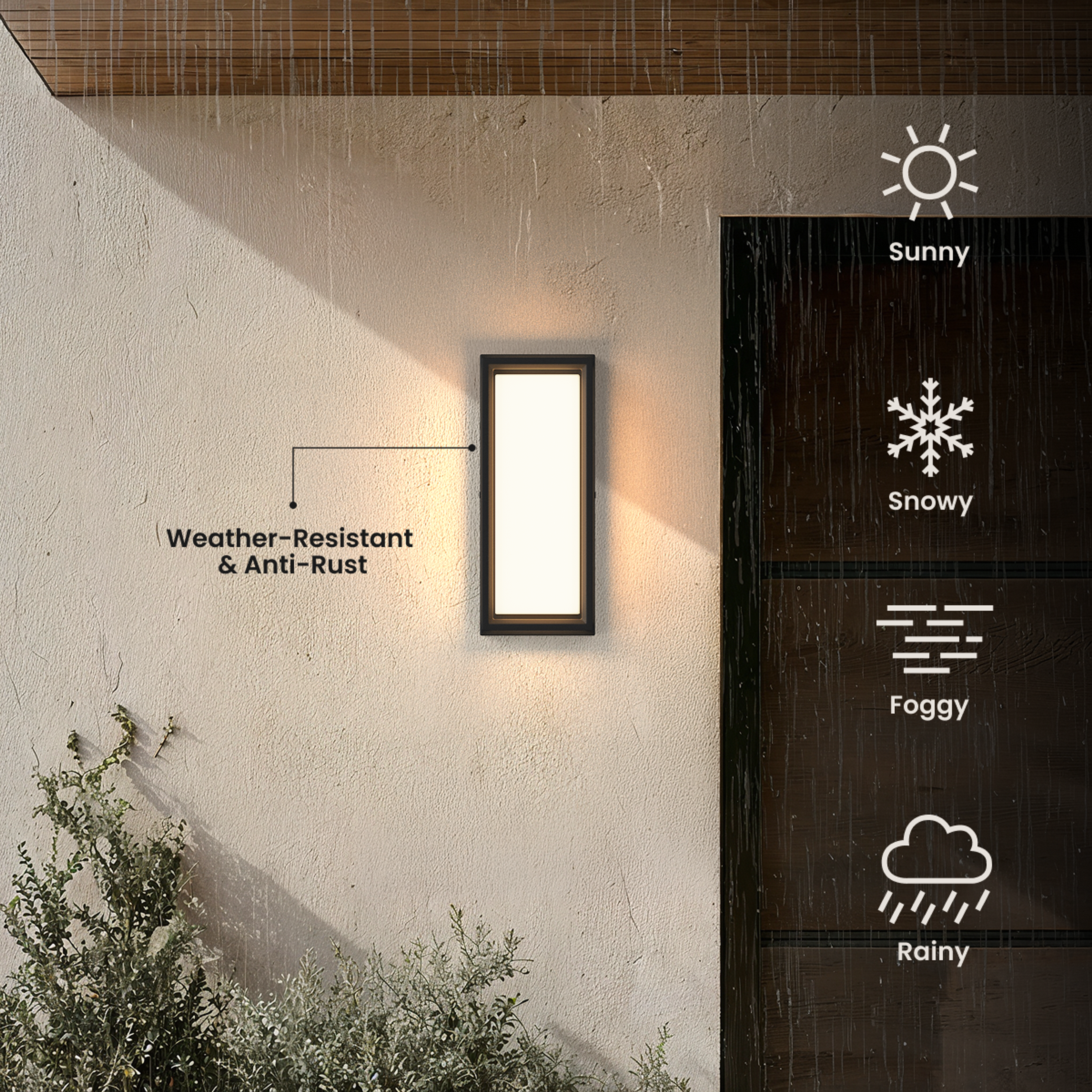 Hollis black square outdoor sconce on a stucco wall, weather-resistant and anti-rust callout with weather icons